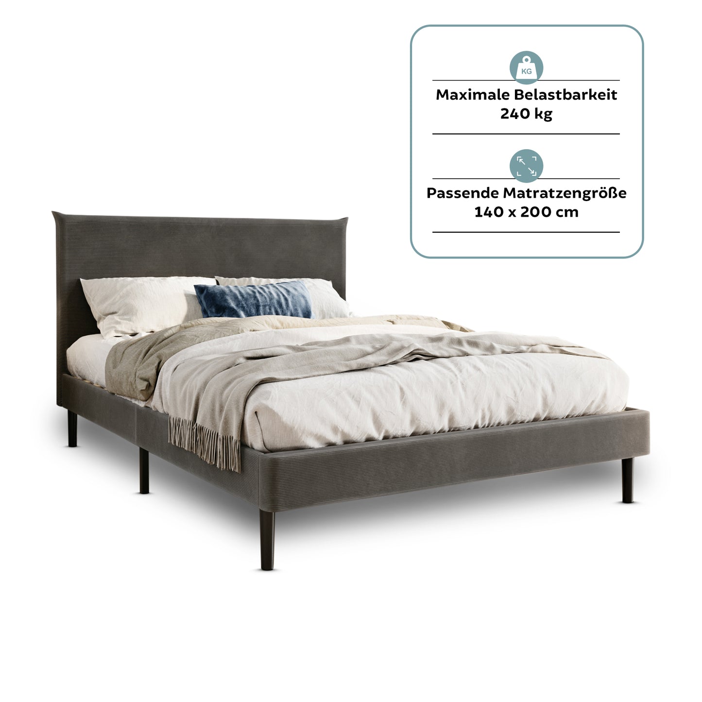 Bett 140x200 cm, Polsterbett mit Lattenrost, Bettgestell 140x200 & 160x200 cm, Doppelbett mit weichem Cord & Samt bezug und gepolstertem Kopfteil, robustes Gestell, hoher Liegekomfort