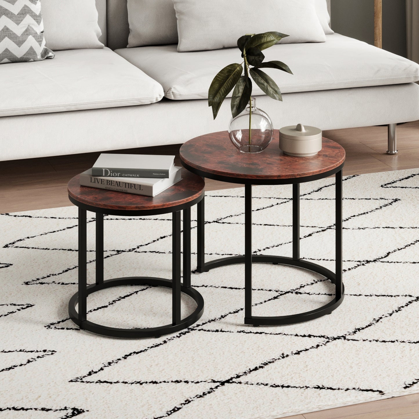 Couchtisch Klein 2er Set aus Holz, Wohnzimmertisch Modern, Beistelltisch Set 2 in 1 mit Metallgestell für Wohnzimmer Büro Beistelltisch Loft Design TWIN, kratzfeste Oberfläche