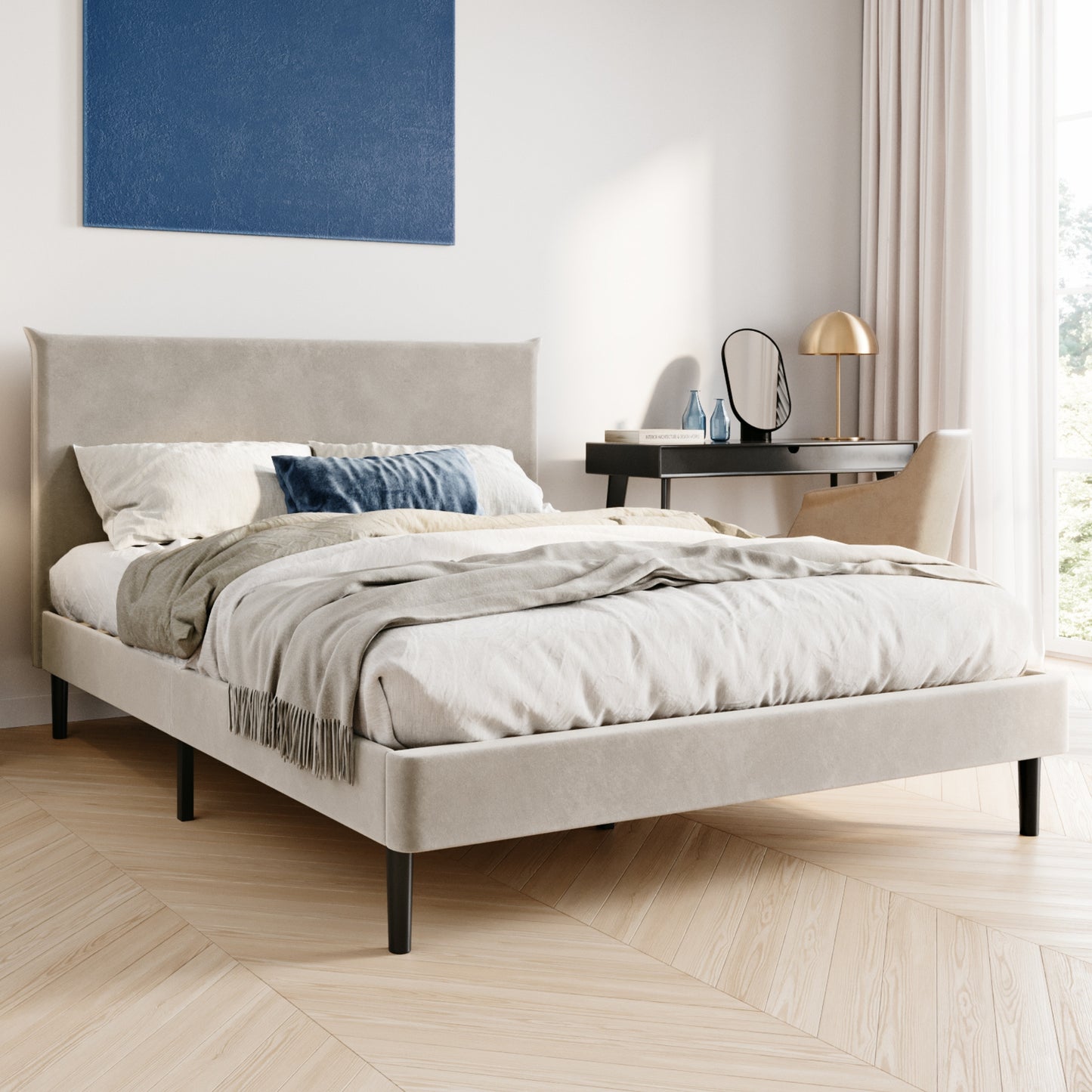 Bett 140x200 cm, Polsterbett mit Lattenrost, Bettgestell 140x200 & 160x200 cm, Doppelbett mit weichem Cord & Samt bezug und gepolstertem Kopfteil, robustes Gestell, hoher Liegekomfort