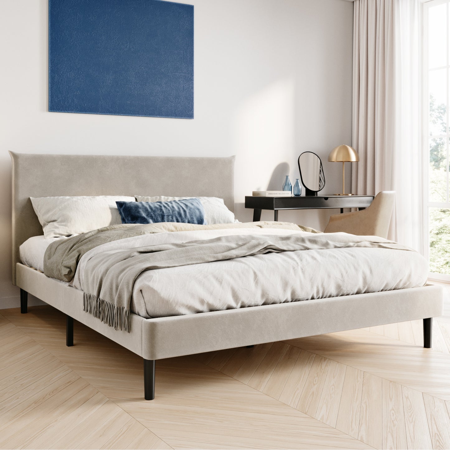 Bett 140x200 cm, Polsterbett mit Lattenrost, Bettgestell 140x200 & 160x200 cm, Doppelbett mit weichem Cord & Samt bezug und gepolstertem Kopfteil, robustes Gestell, hoher Liegekomfort