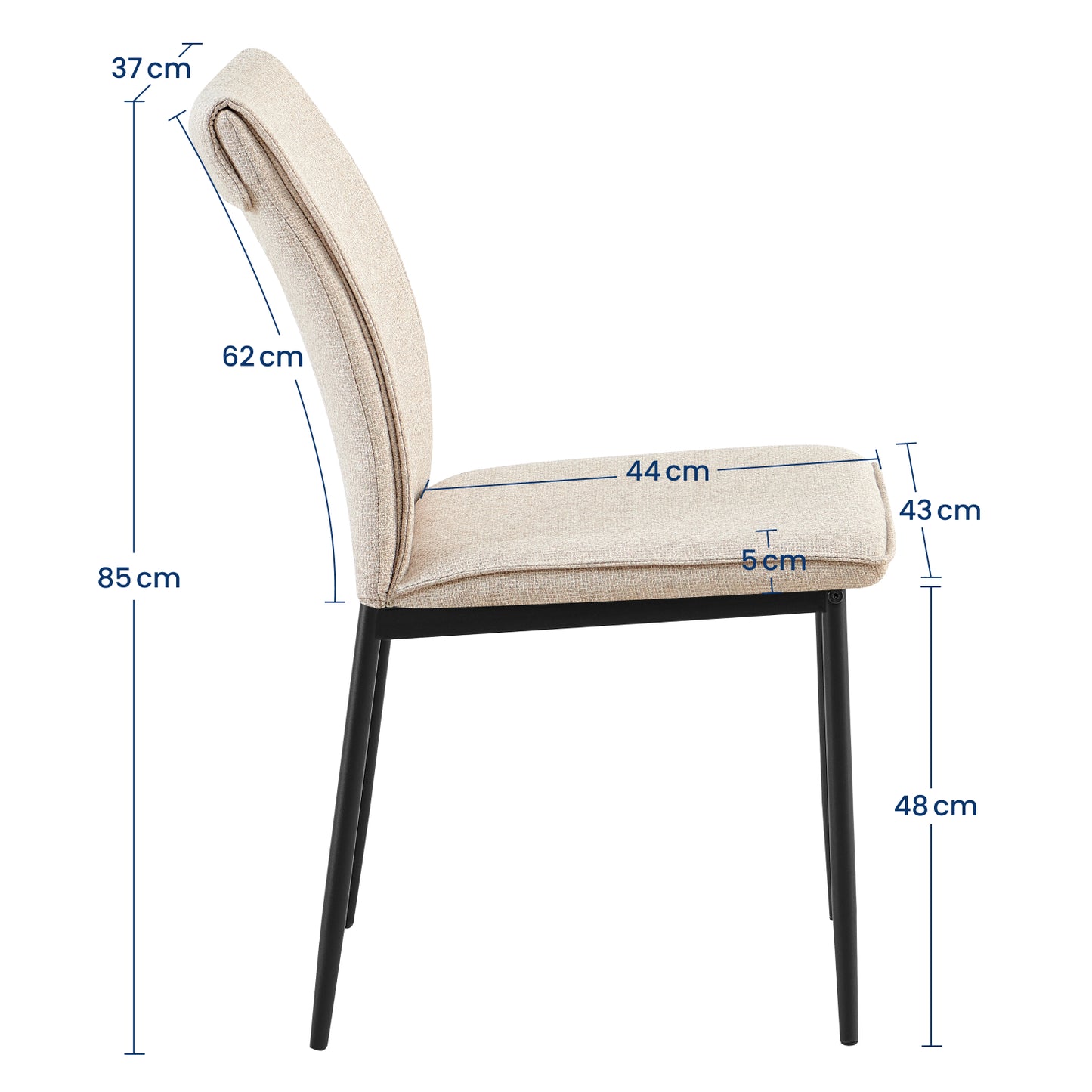 Esszimmerstühle 4er Set Stuhl Küchenstühle Stühle Esszimmer | Gepolstert mit Stoffbezug, schwarzes Metallgestell, modernes Design | 62 x 43 x 85 cm (LxBxH), Sitzhöhe 48 cm