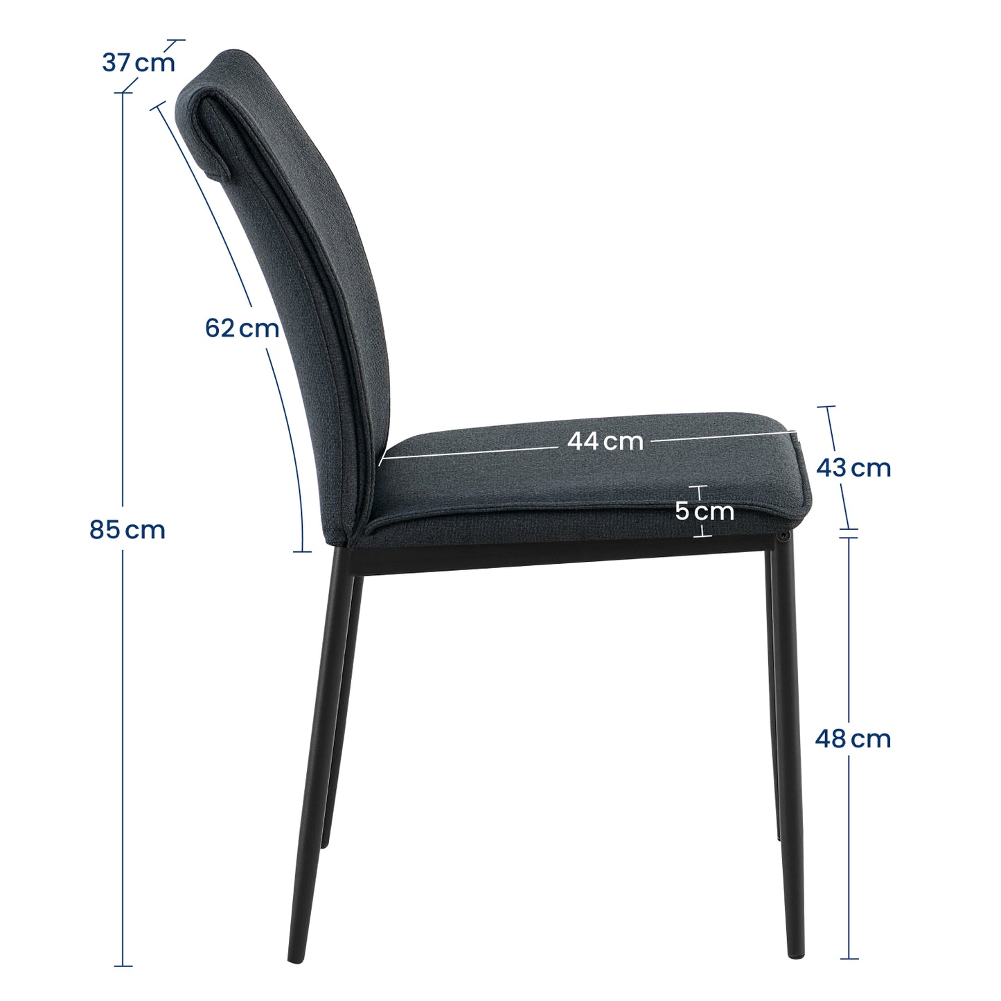 Esszimmerstühle 4er Set Stuhl Küchenstühle Stühle Esszimmer | Gepolstert mit Stoffbezug, schwarzes Metallgestell, modernes Design | 62 x 43 x 85 cm (LxBxH), Sitzhöhe 48 cm