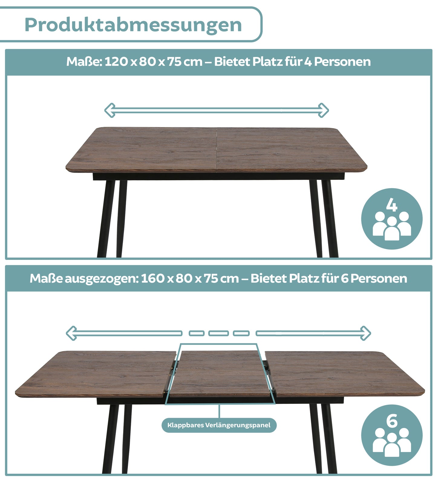 Esstisch ausziehbar, moderner Tisch Küchentisch, mit Klappverlängerung für schnelles Ausziehen von 120 cm auf 160 cm, Esszimmertisch mit Metallbeinen für 4-6 Personen | 120-160x80x75 cm (LxBxH)