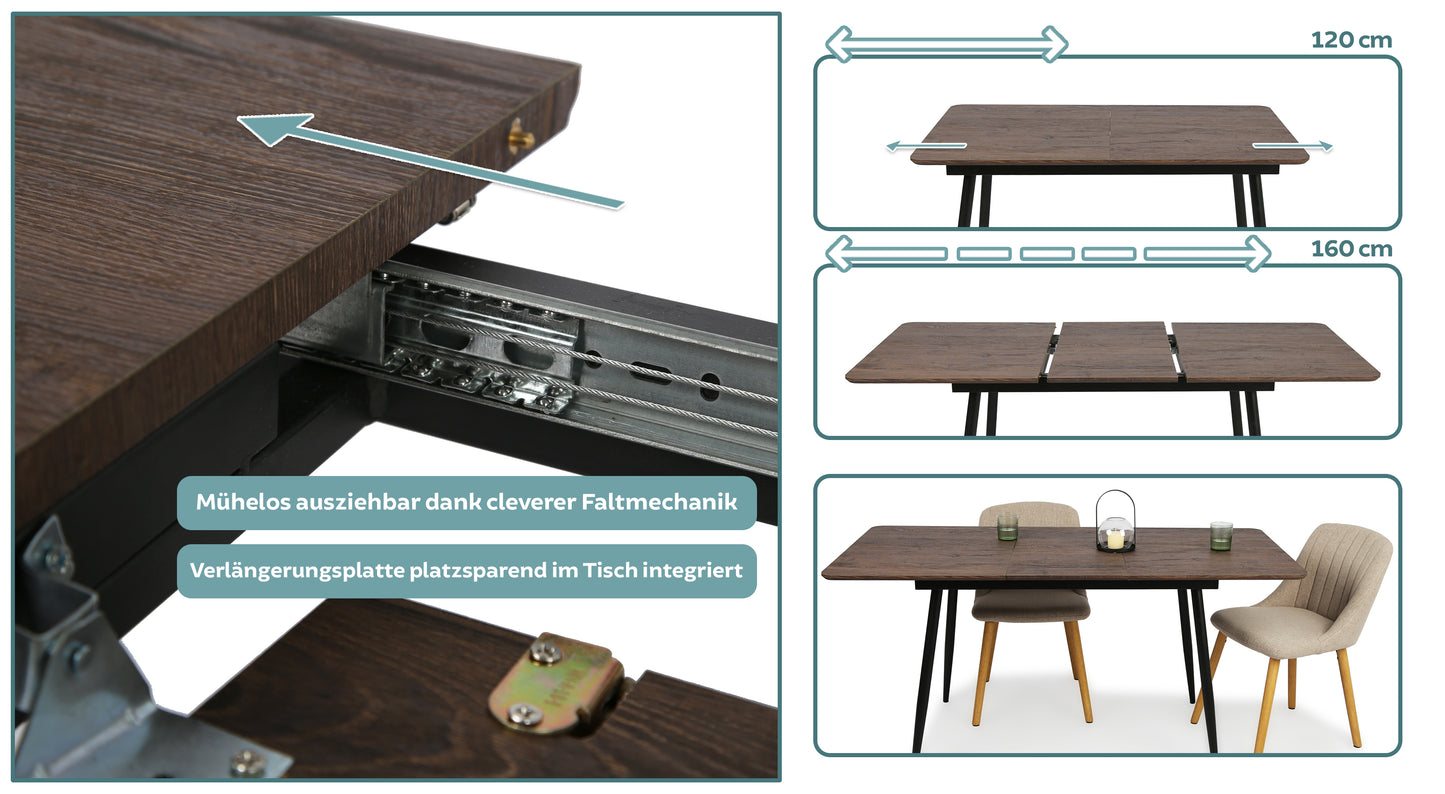 Esstisch ausziehbar, moderner Tisch Küchentisch, mit Klappverlängerung für schnelles Ausziehen von 120 cm auf 160 cm, Esszimmertisch mit Metallbeinen für 4-6 Personen | 120-160x80x75 cm (LxBxH)