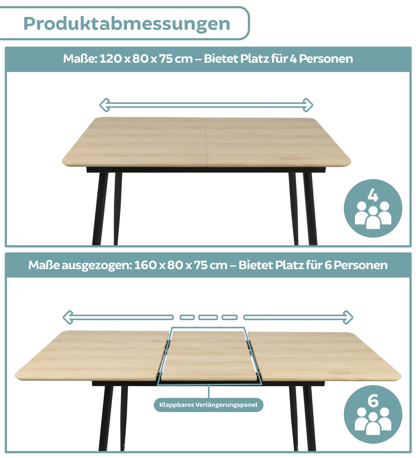 Esstisch ausziehbar, moderner Tisch Küchentisch, mit Klappverlängerung für schnelles Ausziehen von 120 cm auf 160 cm, Esszimmertisch mit Metallbeinen für 4-6 Personen | 120-160x80x75 cm (LxBxH)