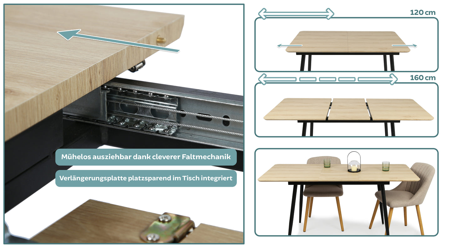 Esstisch ausziehbar, moderner Tisch Küchentisch, mit Klappverlängerung für schnelles Ausziehen von 120 cm auf 160 cm, Esszimmertisch mit Metallbeinen für 4-6 Personen | 120-160x80x75 cm (LxBxH)