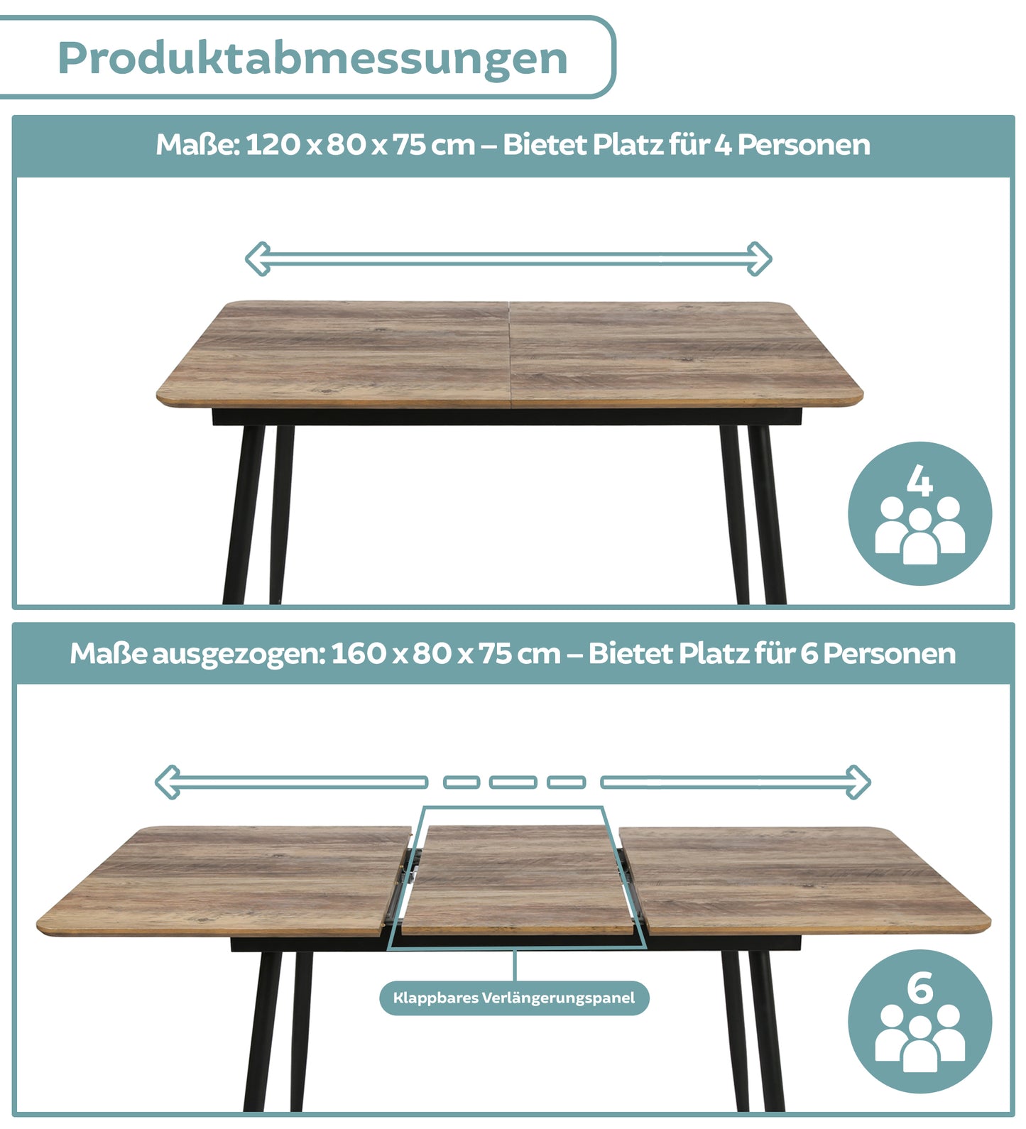 Esstisch ausziehbar, moderner Tisch Küchentisch, mit Klappverlängerung für schnelles Ausziehen von 120 cm auf 160 cm, Esszimmertisch mit Metallbeinen für 4-6 Personen | 120-160x80x75 cm (LxBxH)