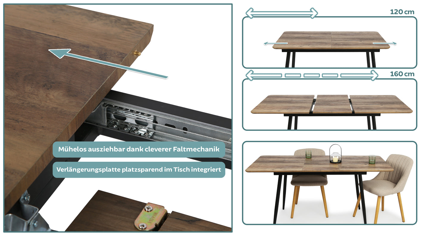 Esstisch ausziehbar, moderner Tisch Küchentisch, mit Klappverlängerung für schnelles Ausziehen von 120 cm auf 160 cm, Esszimmertisch mit Metallbeinen für 4-6 Personen | 120-160x80x75 cm (LxBxH)