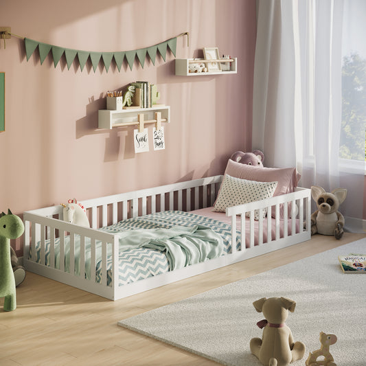 Kinderbett Bodenbett 90x200 | 120x200 | 140x200 cm mit Rausfallschutz & Lattenrost Montessori Bett Bed Gitterbett Kinder Jugendbett Einzelbett optional mit Matratze
