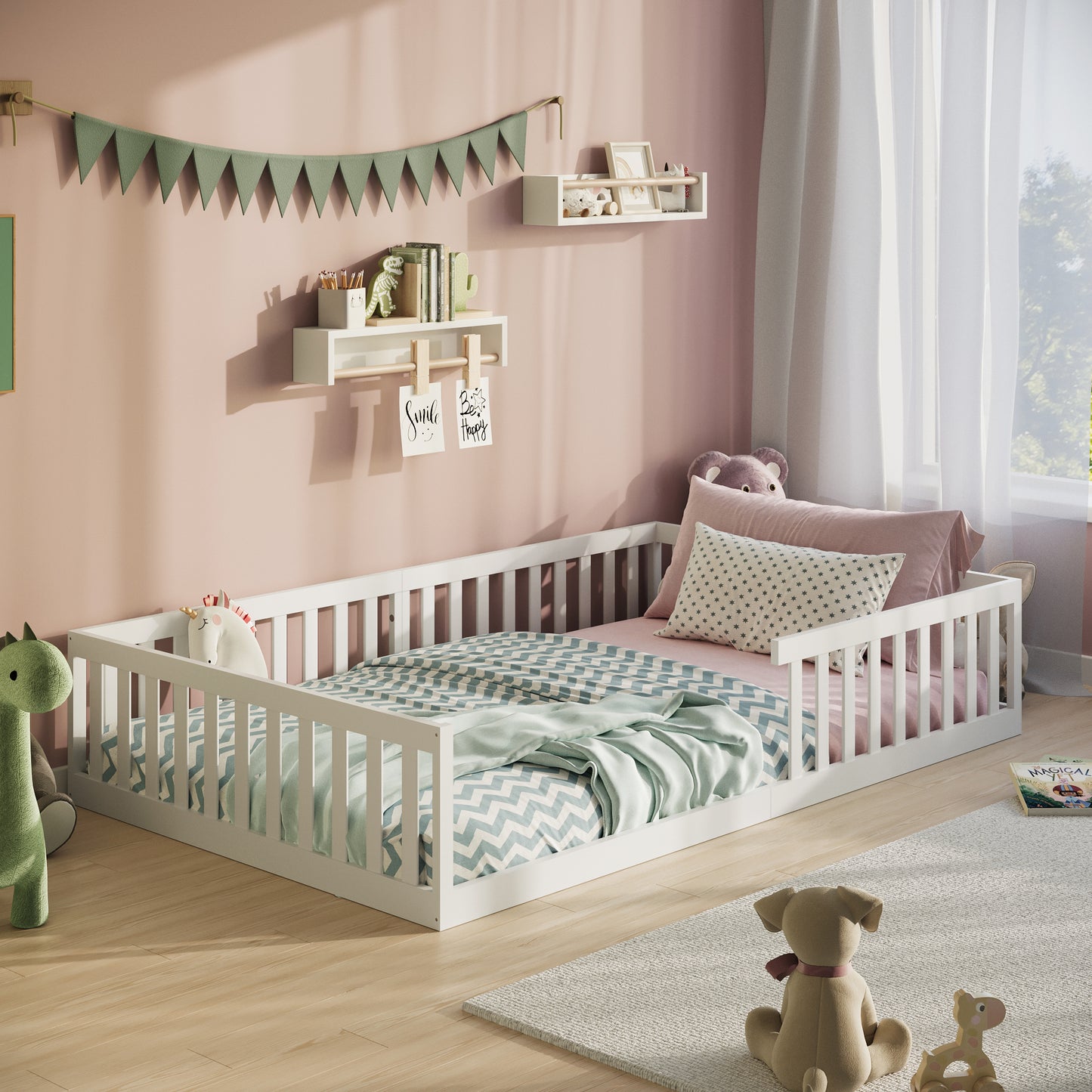 Kinderbett Bodenbett 90x200 | 120x200 | 140x200 cm mit Rausfallschutz & Lattenrost Montessori Bett Bed Gitterbett Kinder Jugendbett Einzelbett optional mit Matratze