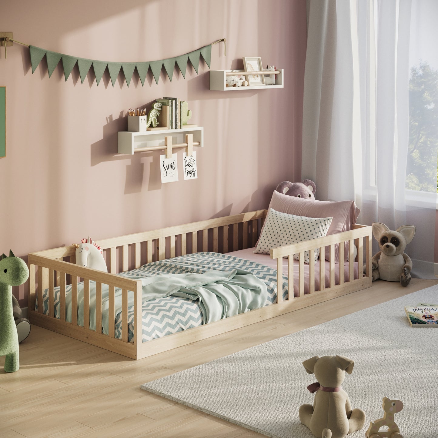 Kinderbett Bodenbett 90x200 | 120x200 | 140x200 cm mit Rausfallschutz & Lattenrost Montessori Bett Bed Gitterbett Kinder Jugendbett Einzelbett optional mit Matratze