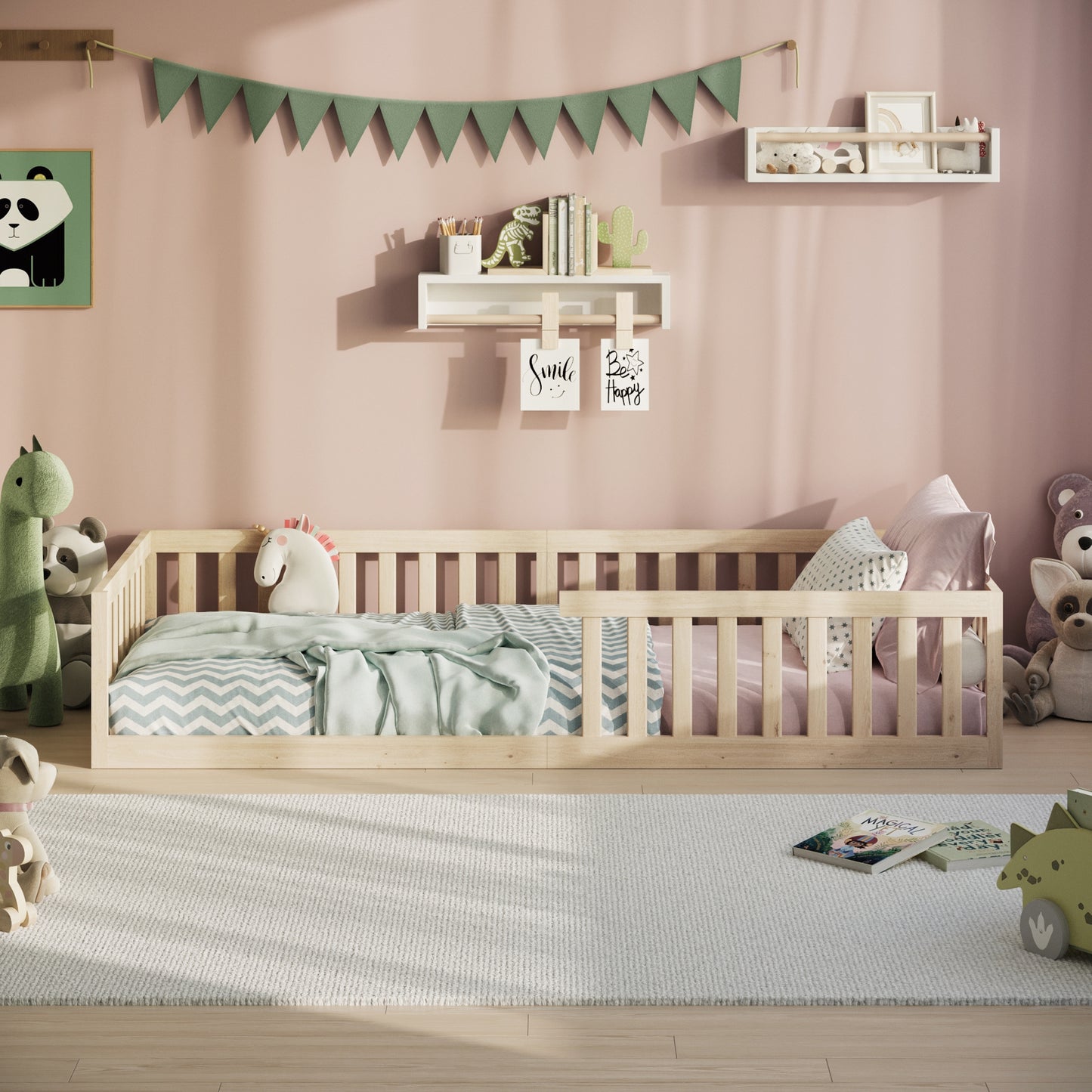 Kinderbett Bodenbett 90x200 | 120x200 | 140x200 cm mit Rausfallschutz & Lattenrost Montessori Bett Bed Gitterbett Kinder Jugendbett Einzelbett optional mit Matratze