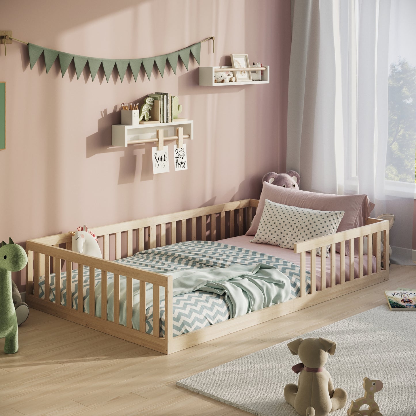 Kinderbett Bodenbett 90x200 | 120x200 | 140x200 cm mit Rausfallschutz & Lattenrost Montessori Bett Bed Gitterbett Kinder Jugendbett Einzelbett optional mit Matratze