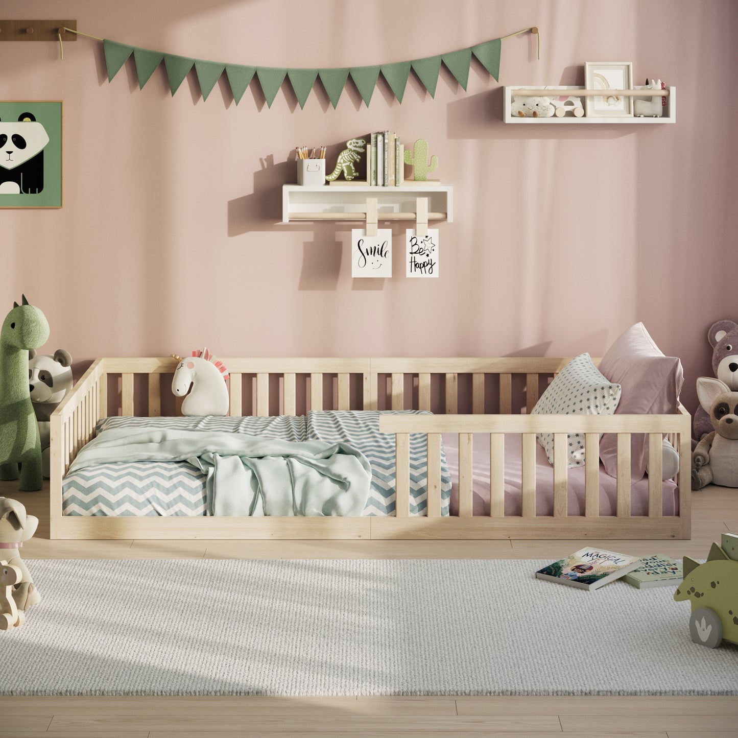 Kinderbett Bodenbett 90x200 | 120x200 | 140x200 cm mit Rausfallschutz & Lattenrost Montessori Bett Bed Gitterbett Kinder Jugendbett Einzelbett optional mit Matratze
