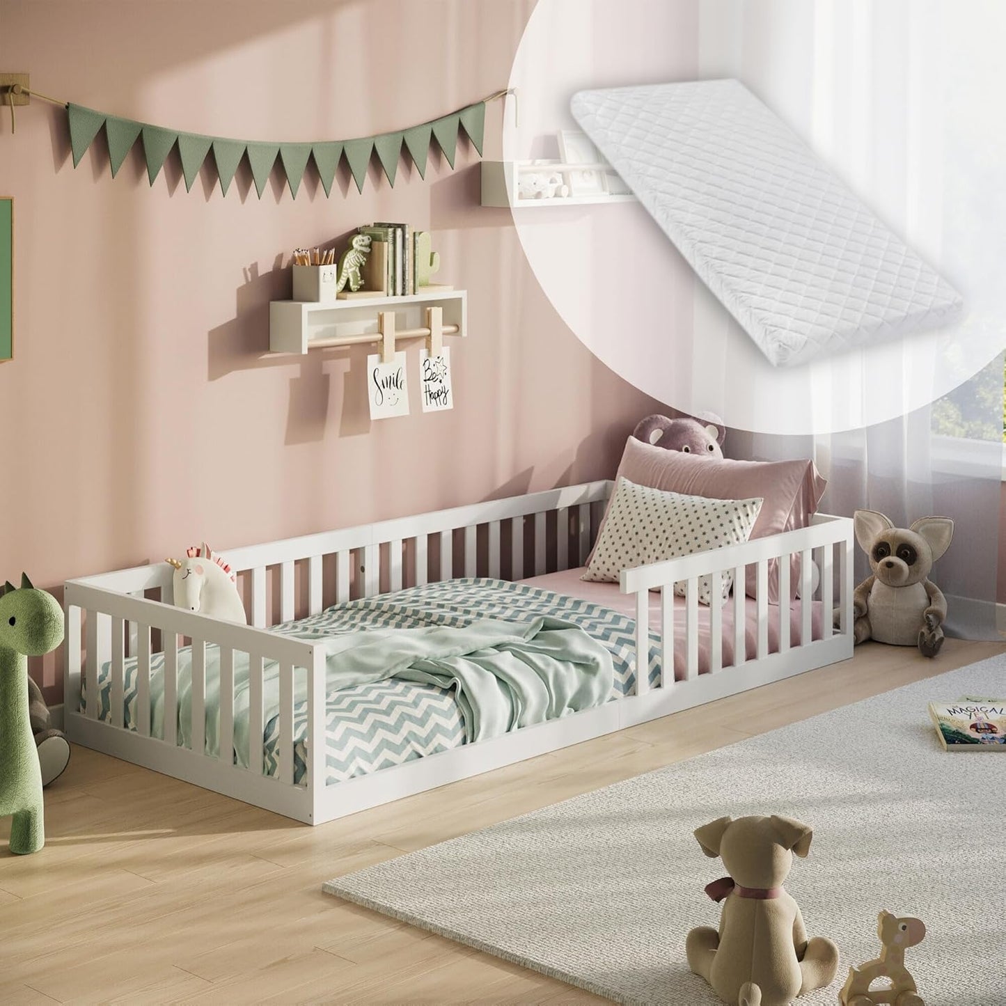 Kinderbett Bodenbett 90x200 | 120x200 | 140x200 cm mit Rausfallschutz & Lattenrost Montessori Bett Bed Gitterbett Kinder Jugendbett Einzelbett optional mit Matratze