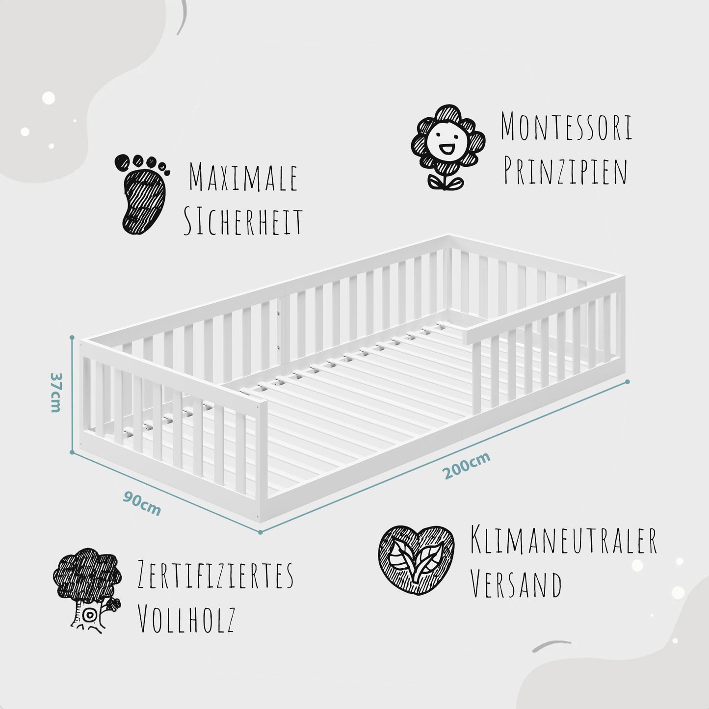 Kinderbett Bodenbett 90x200 | 120x200 | 140x200 cm mit Rausfallschutz & Lattenrost Montessori Bett Bed Gitterbett Kinder Jugendbett Einzelbett optional mit Matratze