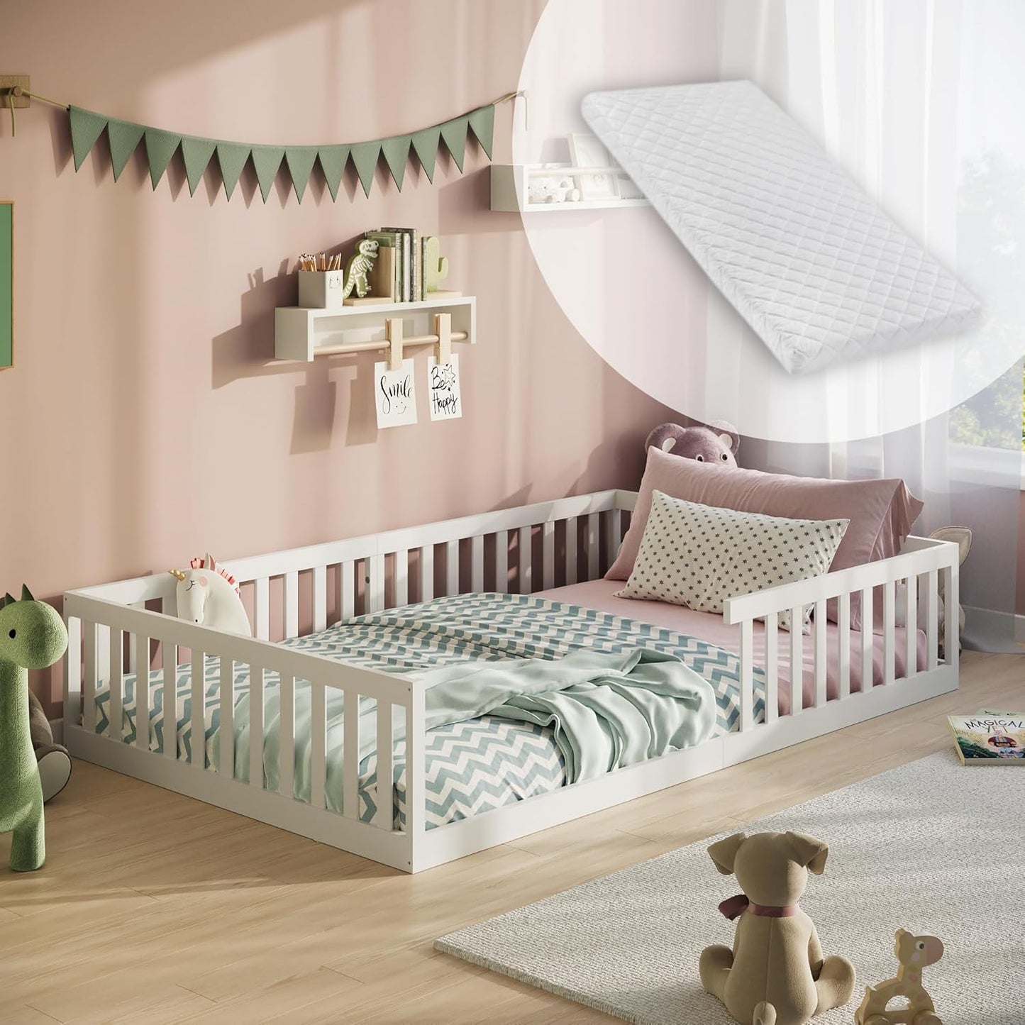 Kinderbett Bodenbett 90x200 | 120x200 | 140x200 cm mit Rausfallschutz & Lattenrost Montessori Bett Bed Gitterbett Kinder Jugendbett Einzelbett optional mit Matratze