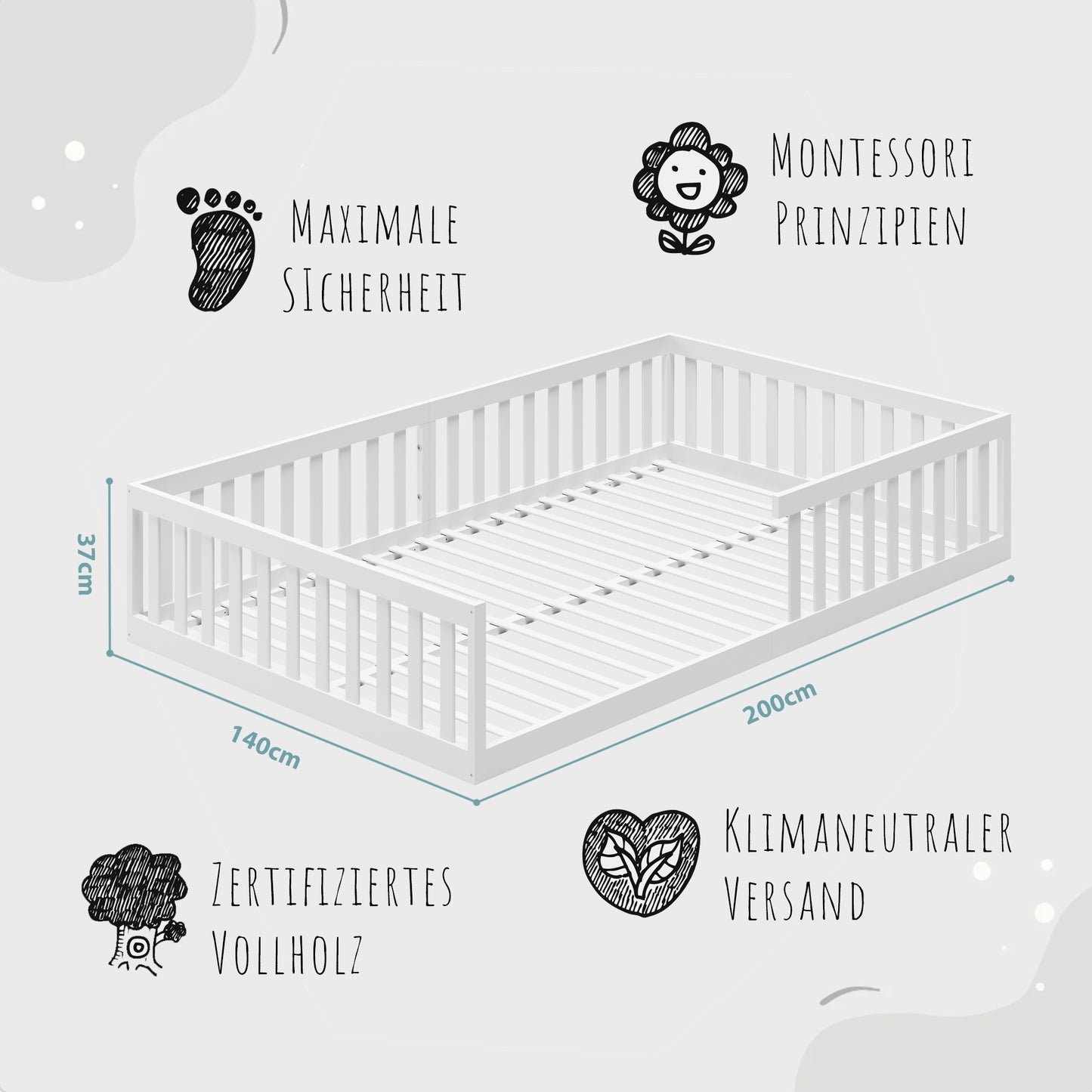 Kinderbett Bodenbett 90x200 | 120x200 | 140x200 cm mit Rausfallschutz & Lattenrost Montessori Bett Bed Gitterbett Kinder Jugendbett Einzelbett optional mit Matratze