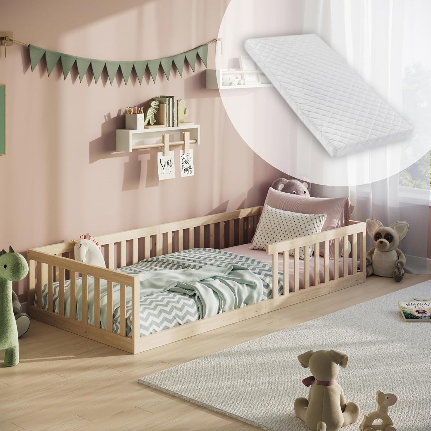 Kinderbett Bodenbett 90x200 | 120x200 | 140x200 cm mit Rausfallschutz & Lattenrost Montessori Bett Bed Gitterbett Kinder Jugendbett Einzelbett optional mit Matratze