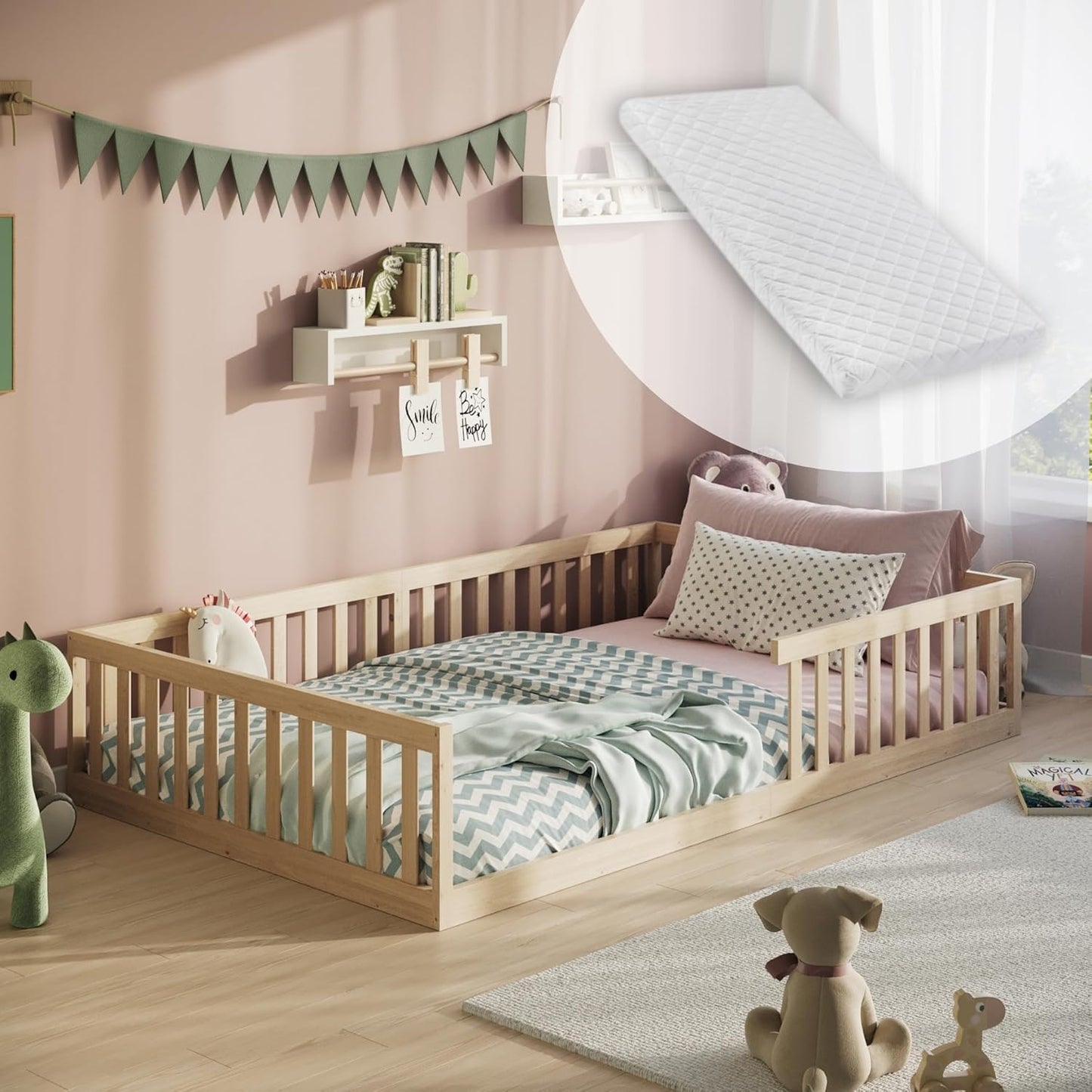 Kinderbett Bodenbett 90x200 | 120x200 | 140x200 cm mit Rausfallschutz & Lattenrost Montessori Bett Bed Gitterbett Kinder Jugendbett Einzelbett optional mit Matratze