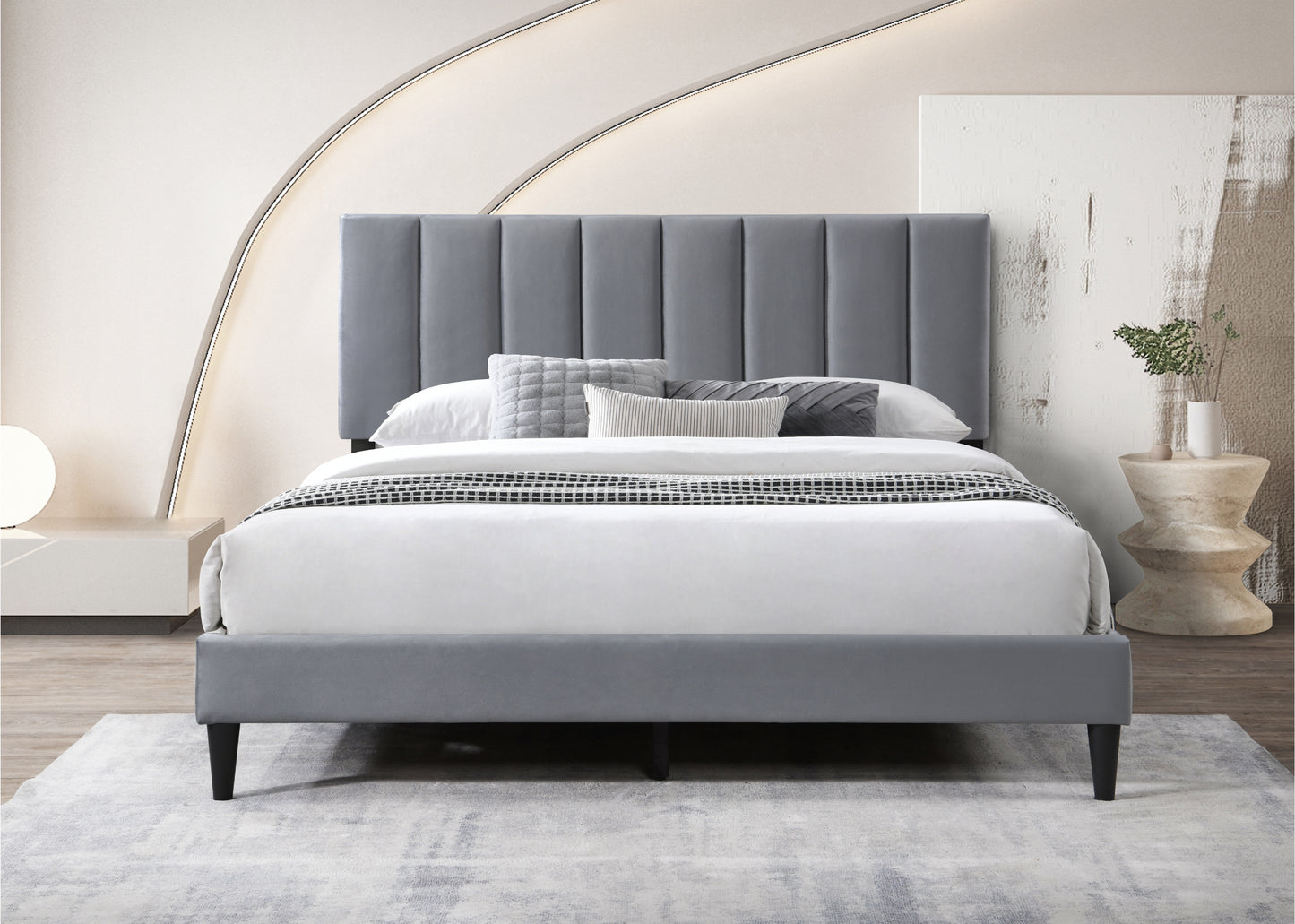 Bett 140x200 und 160x200 cm, Polsterbett mit Lattenrost, Bettgestell 140x200 & 160x200 cm, Doppelbett mit weichem Bezug und gepolstertem Kopfteil mit vertikaler & Kassettensteppung, robustes Gestell, hoher Liegekomfort