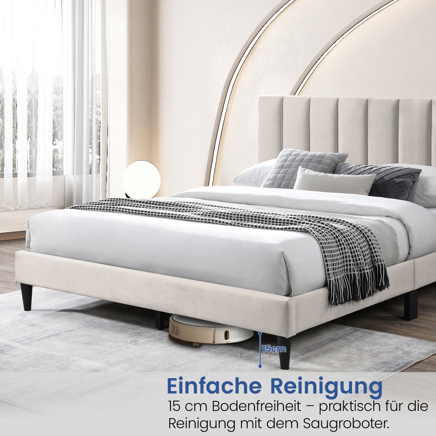Bett 140x200 und 160x200 cm, Polsterbett mit Lattenrost, Bettgestell 140x200 & 160x200 cm, Doppelbett mit weichem Bezug und gepolstertem Kopfteil mit vertikaler & Kassettensteppung, robustes Gestell, hoher Liegekomfort