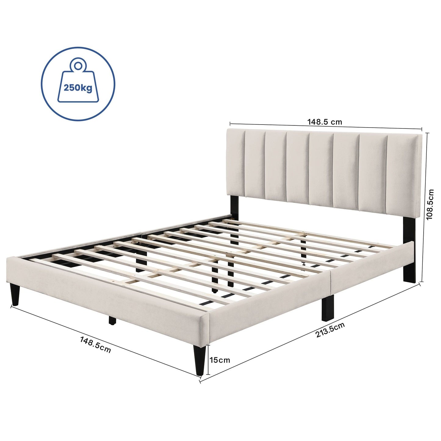 Bett 140x200 und 160x200 cm, Polsterbett mit Lattenrost, Bettgestell 140x200 & 160x200 cm, Doppelbett mit weichem Bezug und gepolstertem Kopfteil mit vertikaler & Kassettensteppung, robustes Gestell, hoher Liegekomfort