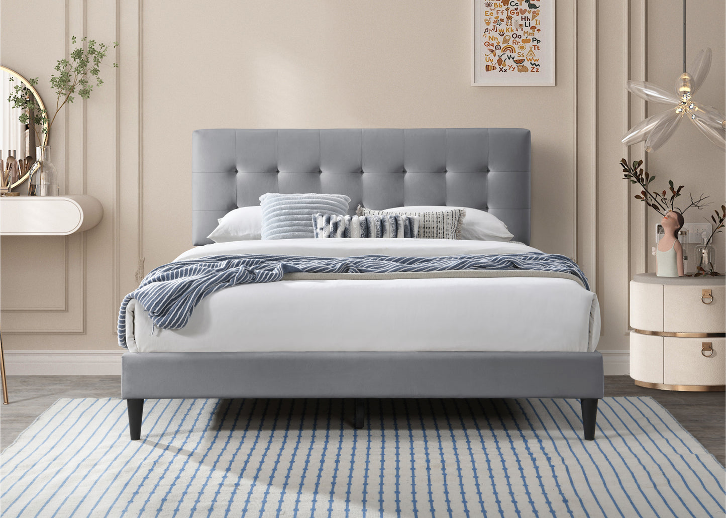 Bett 140x200 und 160x200 cm, Polsterbett mit Lattenrost, Bettgestell 140x200 & 160x200 cm, Doppelbett mit weichem Bezug und gepolstertem Kopfteil mit vertikaler & Kassettensteppung, robustes Gestell, hoher Liegekomfort