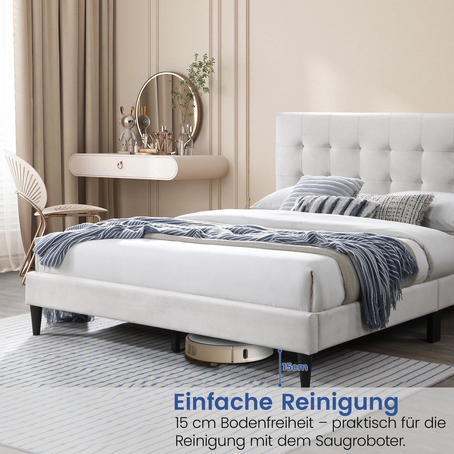 Bett 140x200 und 160x200 cm, Polsterbett mit Lattenrost, Bettgestell 140x200 & 160x200 cm, Doppelbett mit weichem Bezug und gepolstertem Kopfteil mit vertikaler & Kassettensteppung, robustes Gestell, hoher Liegekomfort