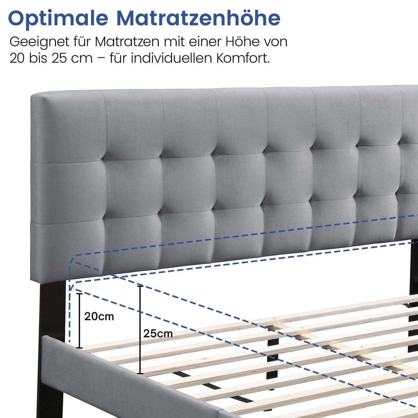 Bett 140x200 und 160x200 cm, Polsterbett mit Lattenrost, Bettgestell 140x200 & 160x200 cm, Doppelbett mit weichem Bezug und gepolstertem Kopfteil mit vertikaler & Kassettensteppung, robustes Gestell, hoher Liegekomfort