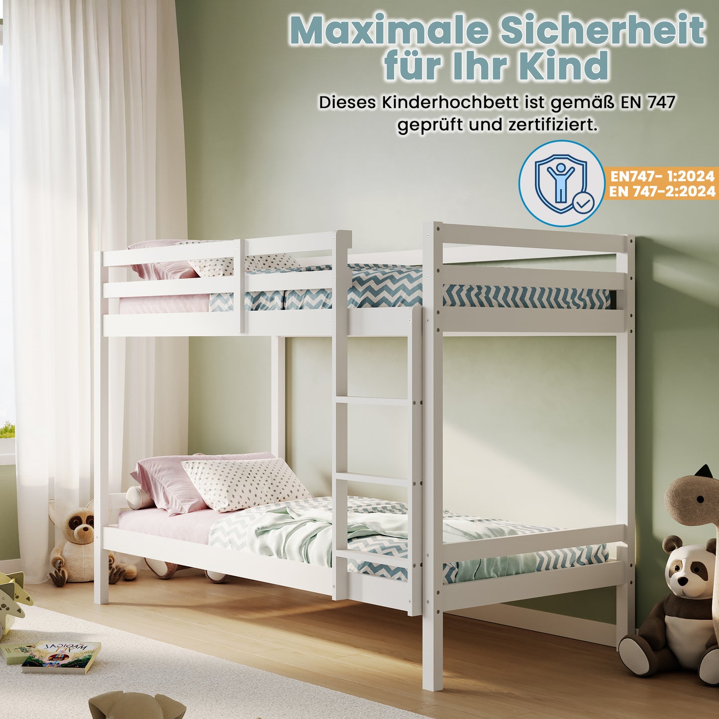 Hochbett, Etagenbett, Hochbett 90x200 | Kinderbett mit optional großem 140x200 cm Bett unten, EN 747-zertifiziert, platzsparendes & sicheres | stabiles & robustes Stockbett | Weiß