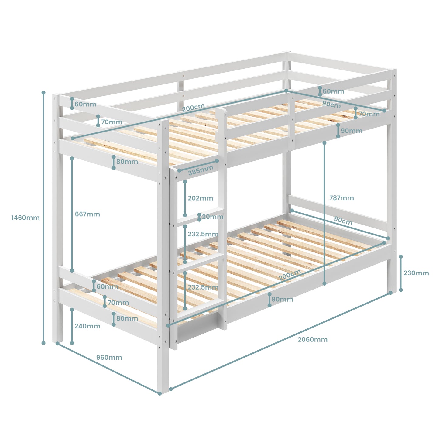 Hochbett, Etagenbett, Hochbett 90x200 | Kinderbett mit optional großem 140x200 cm Bett unten, EN 747-zertifiziert, platzsparendes & sicheres | stabiles & robustes Stockbett | Weiß