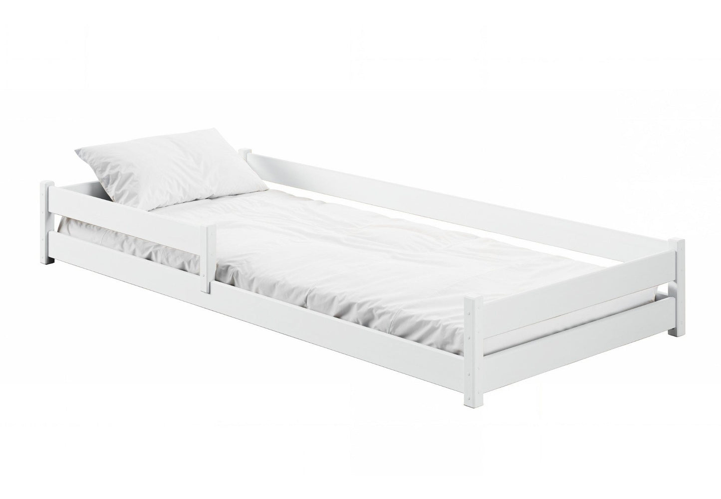 Kinderbett Bodenbett 90x200 I 120x200 | 140x200 cm mit Rausfallschutz & Lattenrost Montessori Bett Bed Gitterbett Kinder Jugendbett Einzelbett optional mit Matratze | weiß