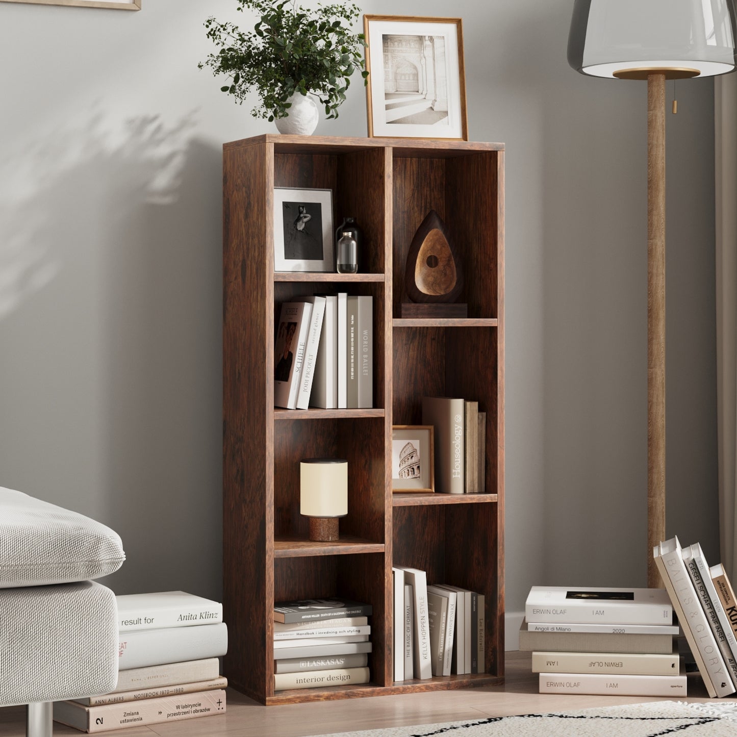 Regal Bücherregal Raumteiler | Robustes Holzregal mit 7 offenen Fächern | Modernes Design für Wohnzimmer & Büro | 50x24x106 cm (BxTxH) | Dunkles Holz