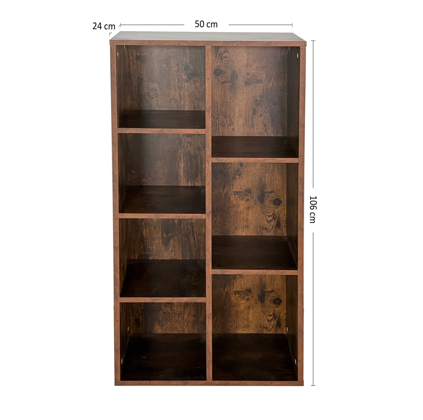 Regal Bücherregal Raumteiler | Robustes Holzregal mit 7 offenen Fächern | Modernes Design für Wohnzimmer & Büro | 50x24x106 cm (BxTxH) | Dunkles Holz
