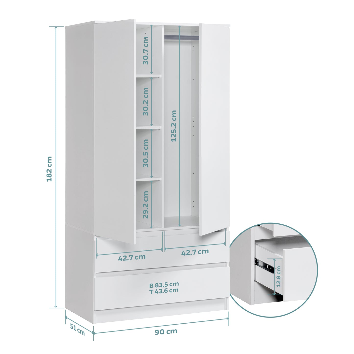 Moderner Kleiderschrank Weiß mit Schubladen | 2-türiger Kleiderschrank Garderobenschrank mit Regalböden, Kleiderstange und 2 Schubladen für Schlafzimmer, Kinderzimmer, Flur | 90x51x182 cm