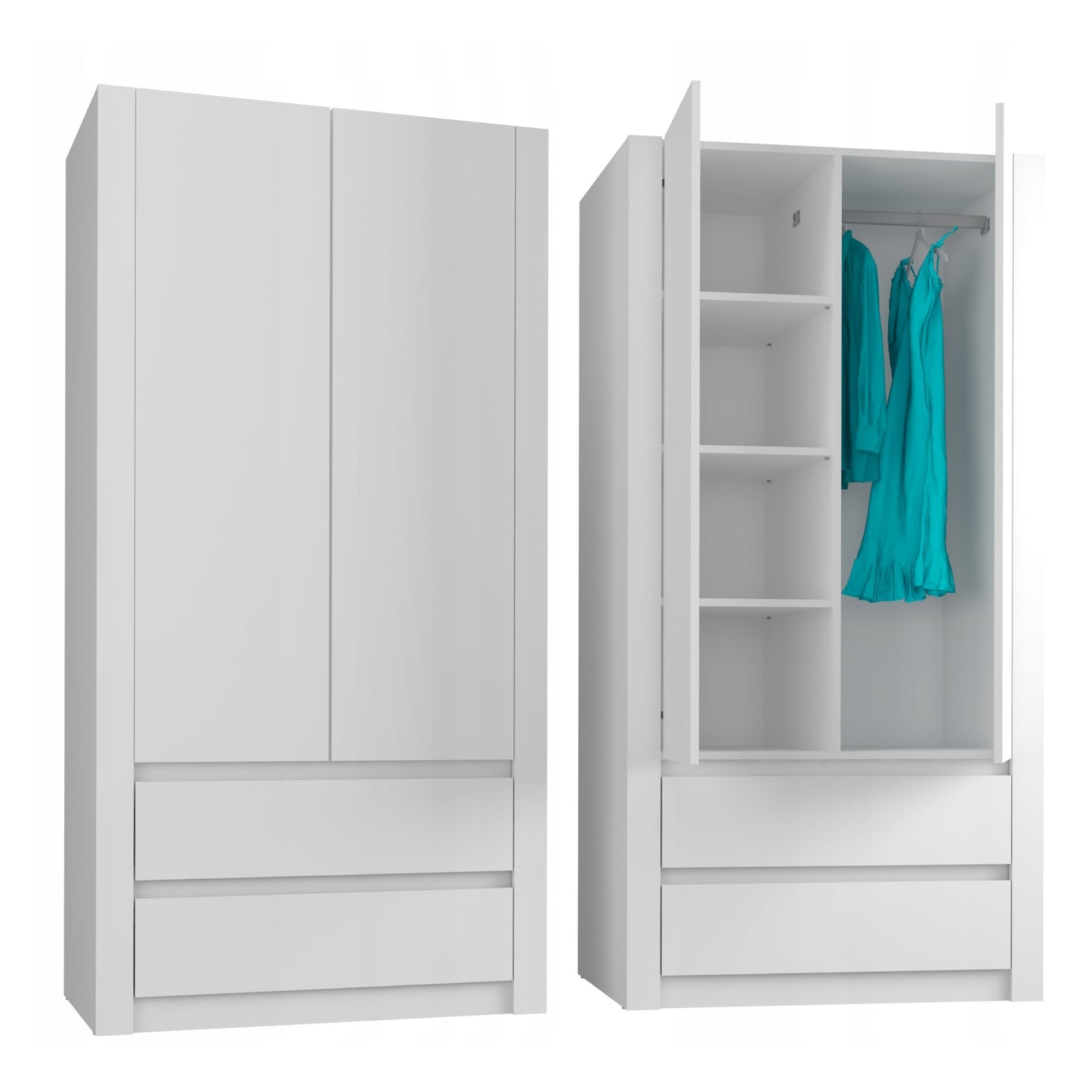 Moderner Kleiderschrank weiss mit Schubladen | 2-türiger Kleiderschrank Garderobenschrank | Platzsparender Schrank für Schlafzimmer, Ankleidezimmer, Flur, Kinderzimmer | 90x51x182 cm (LxBxH)
