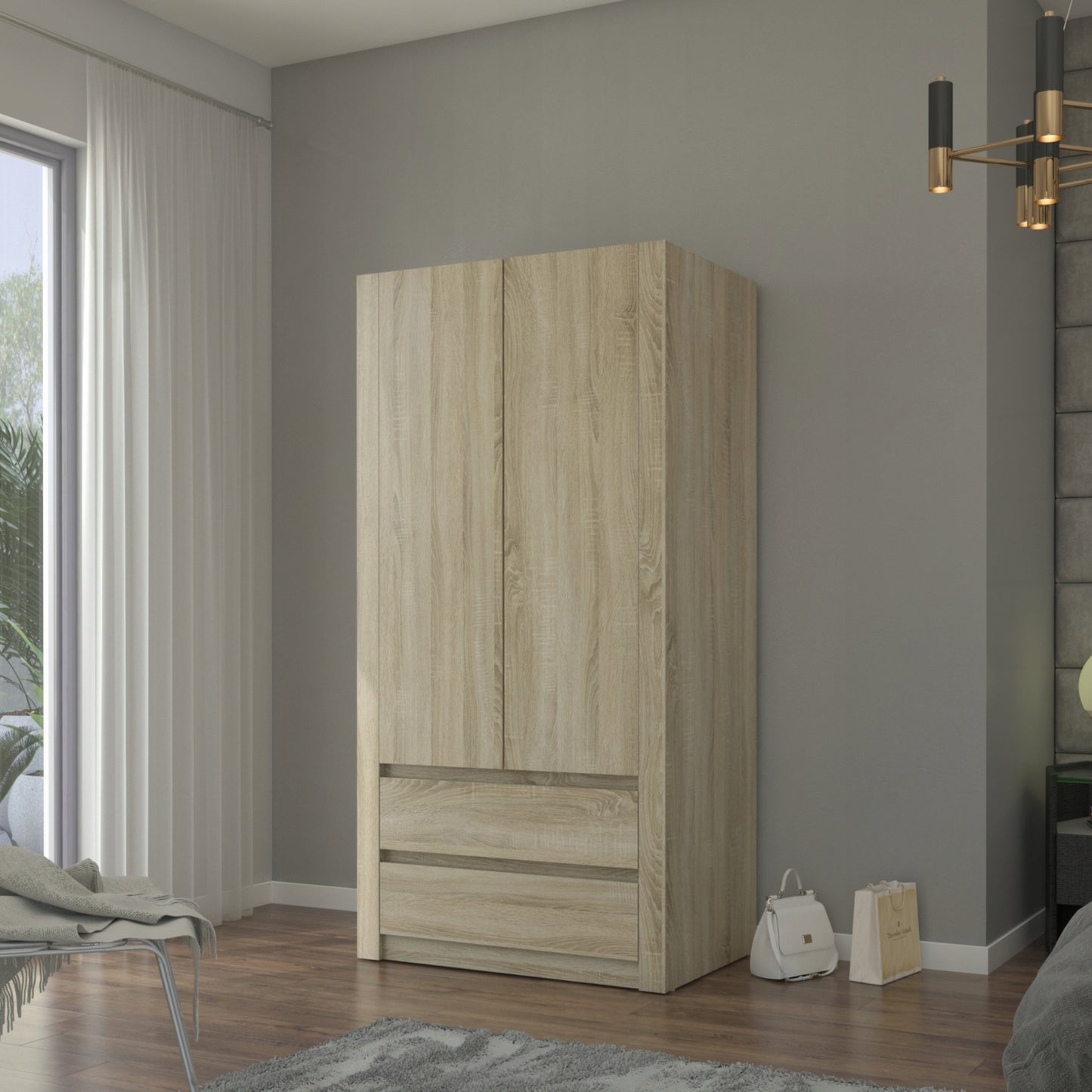 Moderner Kleiderschrank weiss mit Schubladen | 2-türiger Kleiderschrank Garderobenschrank | Platzsparender Schrank für Schlafzimmer, Ankleidezimmer, Flur, Kinderzimmer | 90x51x182 cm (LxBxH)