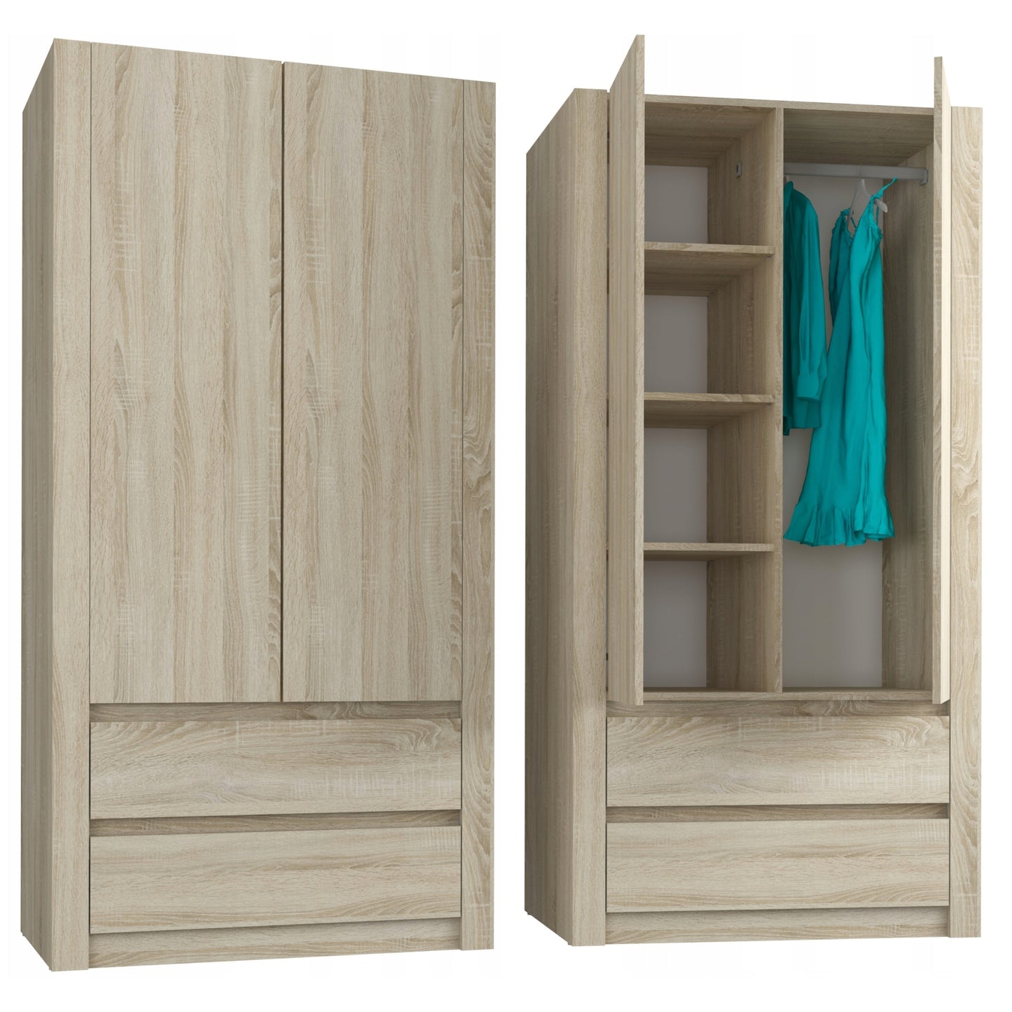 Moderner Kleiderschrank weiss mit Schubladen | 2-türiger Kleiderschrank Garderobenschrank | Platzsparender Schrank für Schlafzimmer, Ankleidezimmer, Flur, Kinderzimmer | 90x51x182 cm (LxBxH)