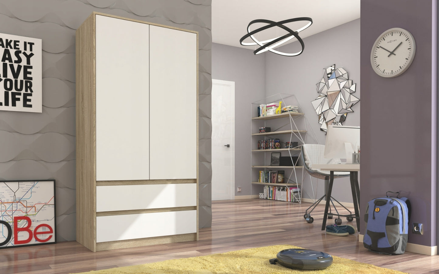 Moderner Kleiderschrank weiss mit Schubladen | 2-türiger Kleiderschrank Garderobenschrank | Platzsparender Schrank für Schlafzimmer, Ankleidezimmer, Flur, Kinderzimmer | 90x51x182 cm (LxBxH)