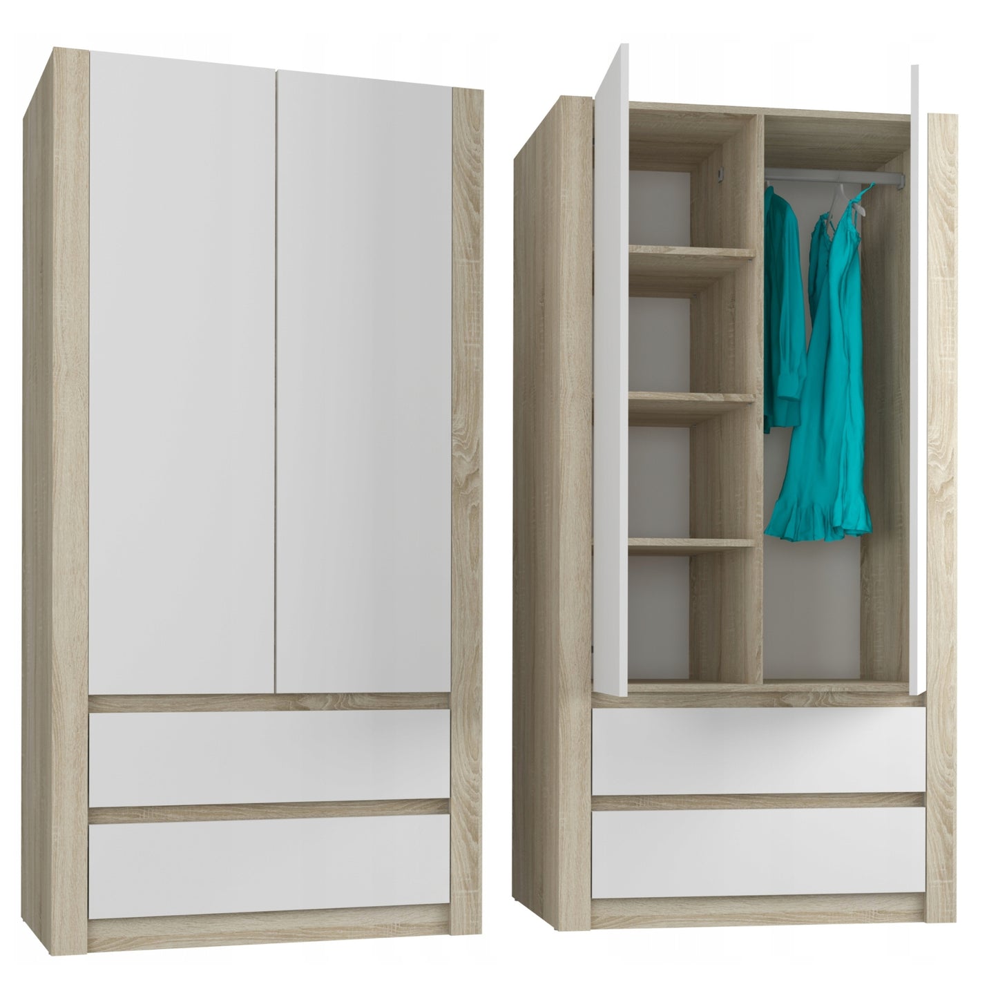 Moderner Kleiderschrank weiss mit Schubladen | 2-türiger Kleiderschrank Garderobenschrank | Platzsparender Schrank für Schlafzimmer, Ankleidezimmer, Flur, Kinderzimmer | 90x51x182 cm (LxBxH)