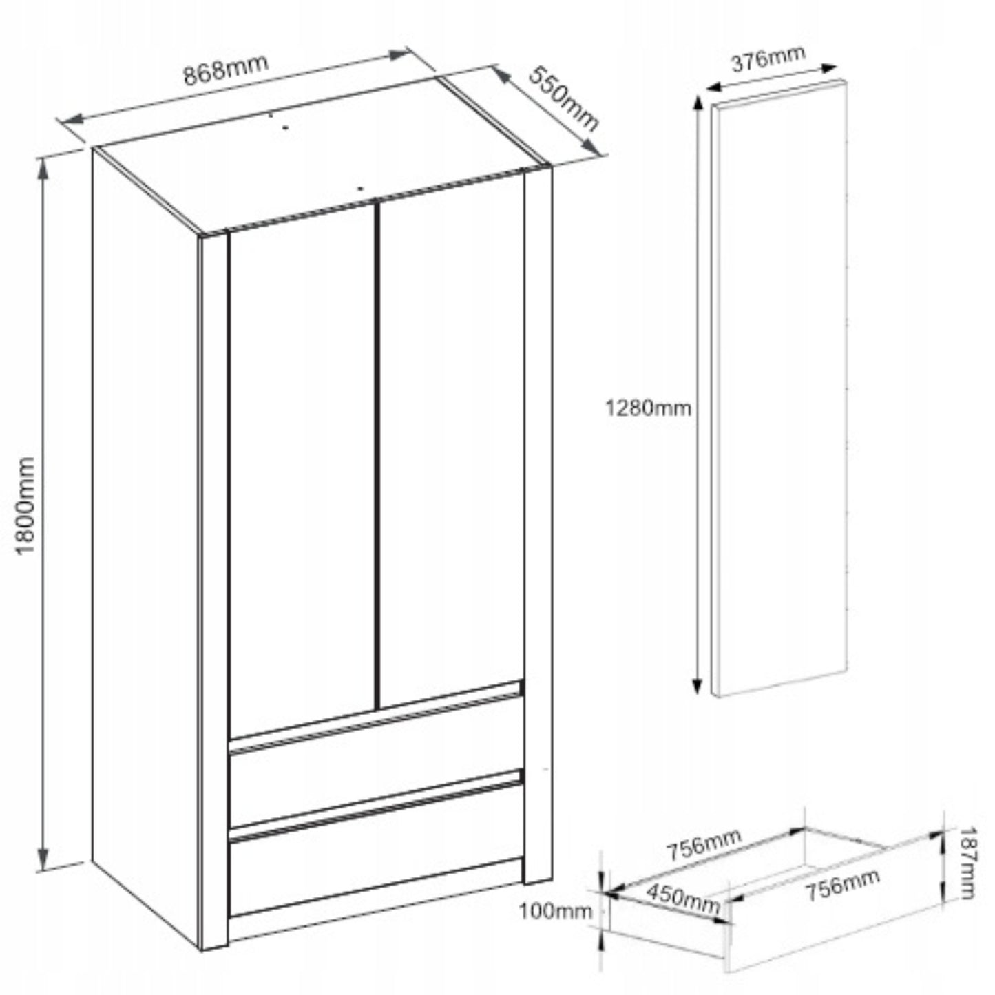 Moderner Kleiderschrank weiss mit Schubladen | 2-türiger Kleiderschrank Garderobenschrank | Platzsparender Schrank für Schlafzimmer, Ankleidezimmer, Flur, Kinderzimmer | 90x51x182 cm (LxBxH)