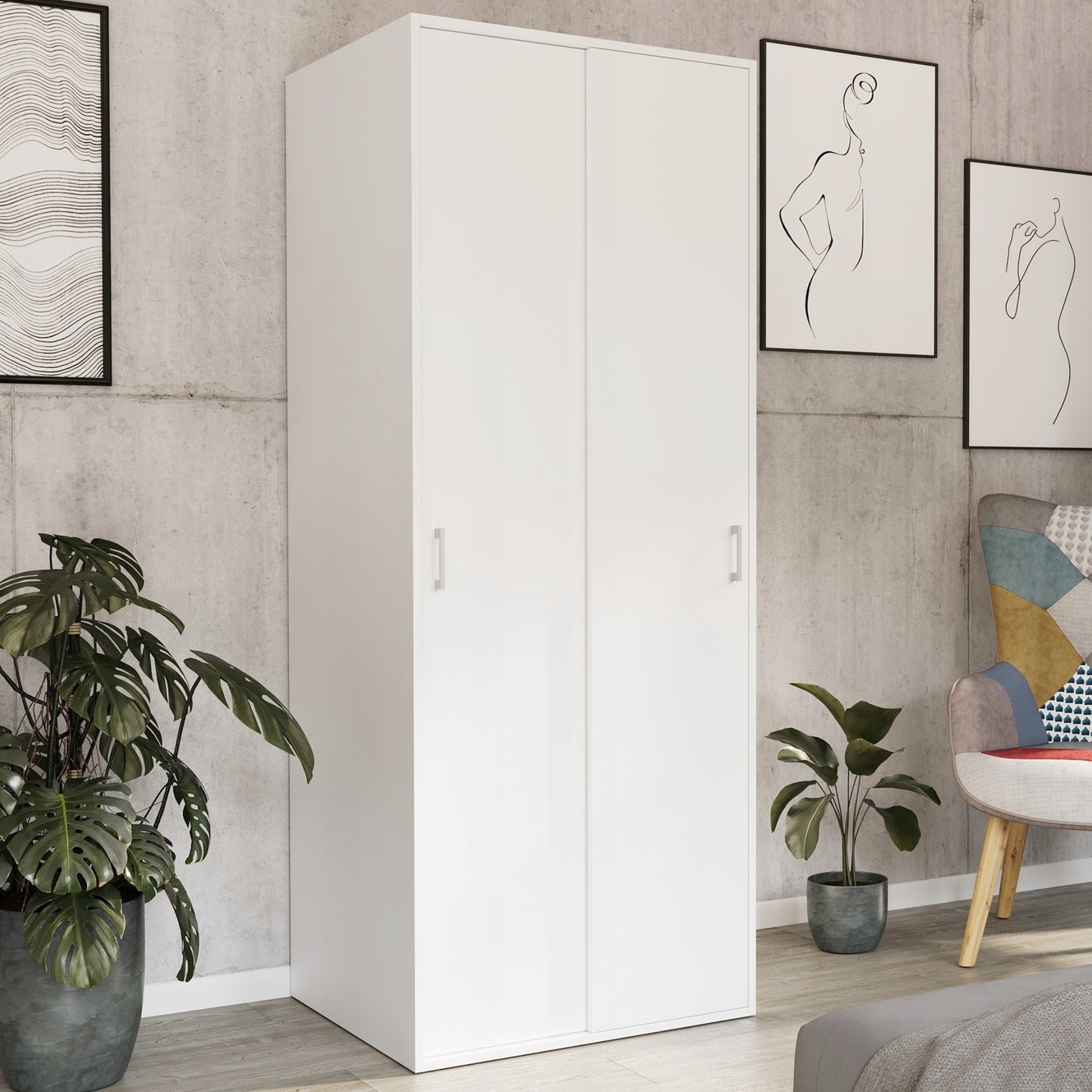 Moderner Kleiderschrank mit Schiebetüren | 2-türiger Schiebetürenschrank mit Kleiderstange | Platzsparender Schrank für Schlafzimmer, Ankleidezimmer, Flur, Kinderzimmer | 70x60x180,5 cm (BxTxH)