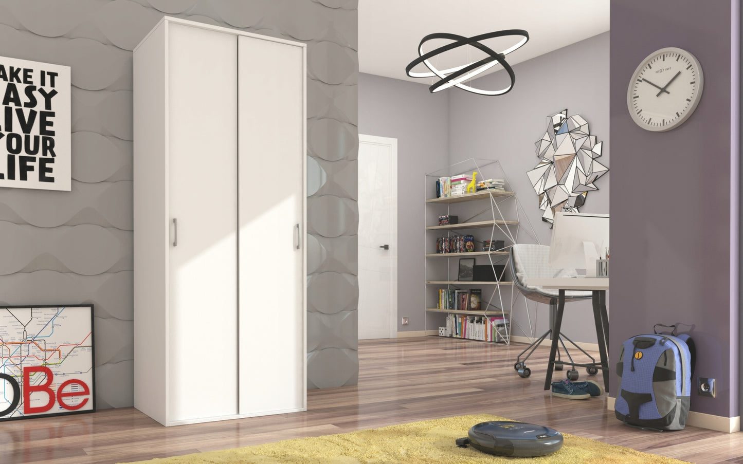 Moderner Kleiderschrank mit Schiebetüren | 2-türiger Schiebetürenschrank mit Kleiderstange | Platzsparender Schrank für Schlafzimmer, Ankleidezimmer, Flur, Kinderzimmer | 70x60x180,5 cm (BxTxH)