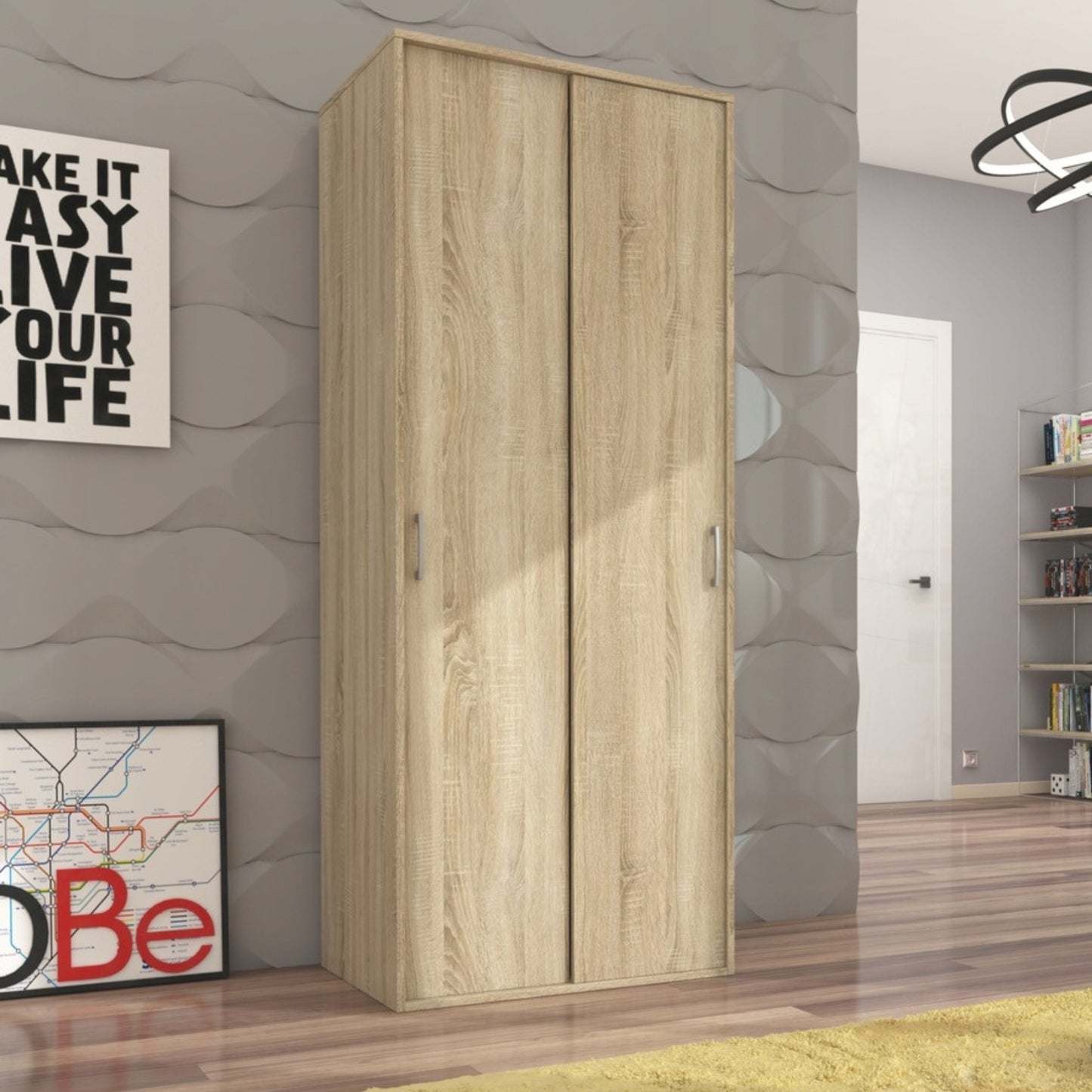 Moderner Kleiderschrank mit Schiebetüren | 2-türiger Schiebetürenschrank mit Kleiderstange | Platzsparender Schrank für Schlafzimmer, Ankleidezimmer, Flur, Kinderzimmer | 70x60x180,5 cm (BxTxH)