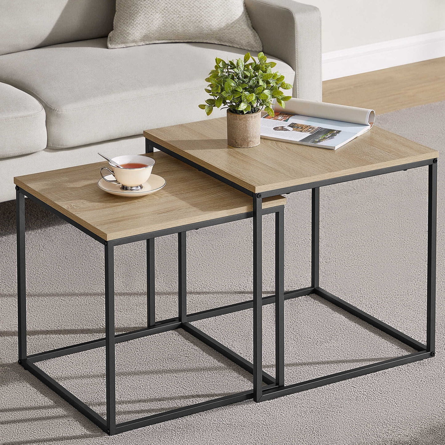 Couchtisch 2er Set Quadratisch Beistelltisch Loft Design 2 in 1 Verschachtelung kratzfeste Oberfläche, Wohnzimmer | 50cm und 45cm Breit