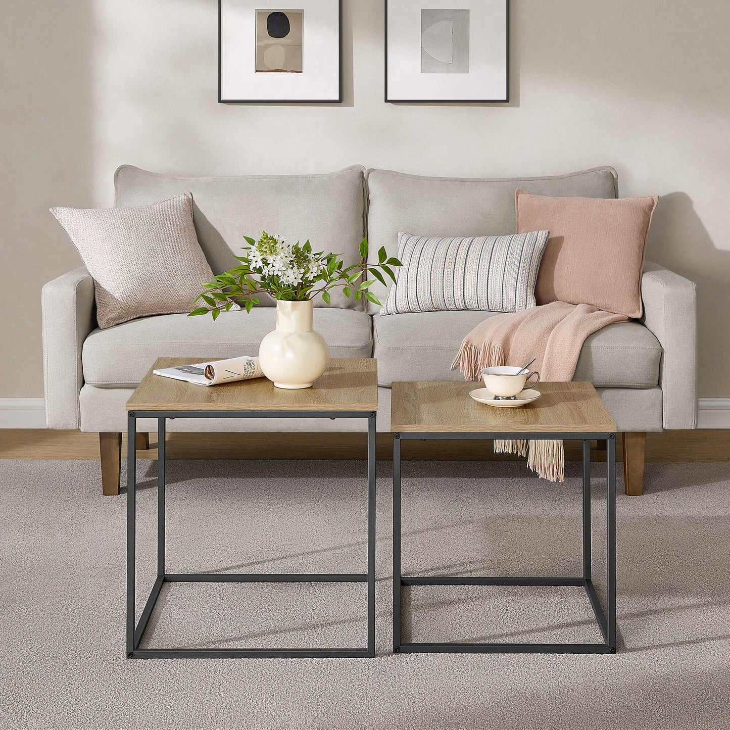 Couchtisch 2er Set Quadratisch Beistelltisch Loft Design 2 in 1 Verschachtelung kratzfeste Oberfläche, Wohnzimmer | 50cm und 45cm Breit