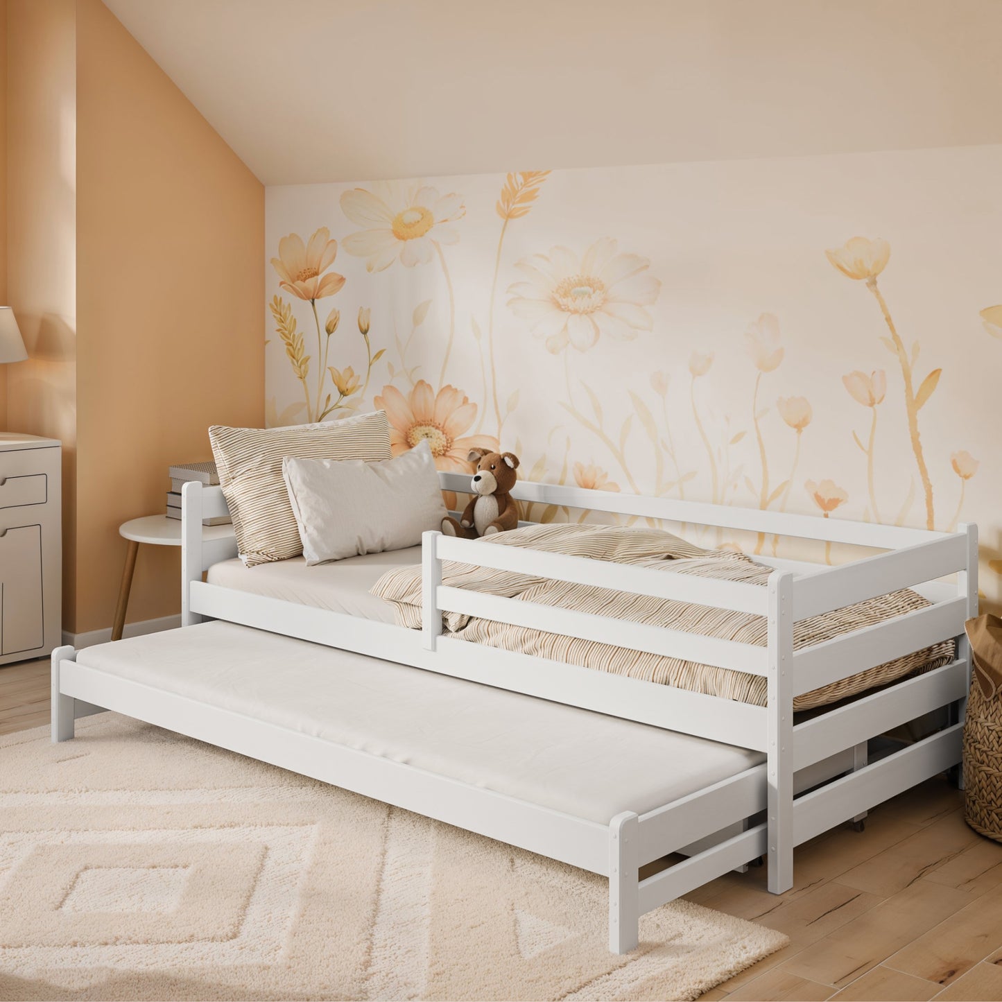 Kinderbett 90x200 mit zwei Schubladen, Rausfallschutz und Lattenrost, Vollholz massiv in weiss, Kinderbett Doppelbett Funktionsbett, optional Ausziehbett 90x190, optional Matratze