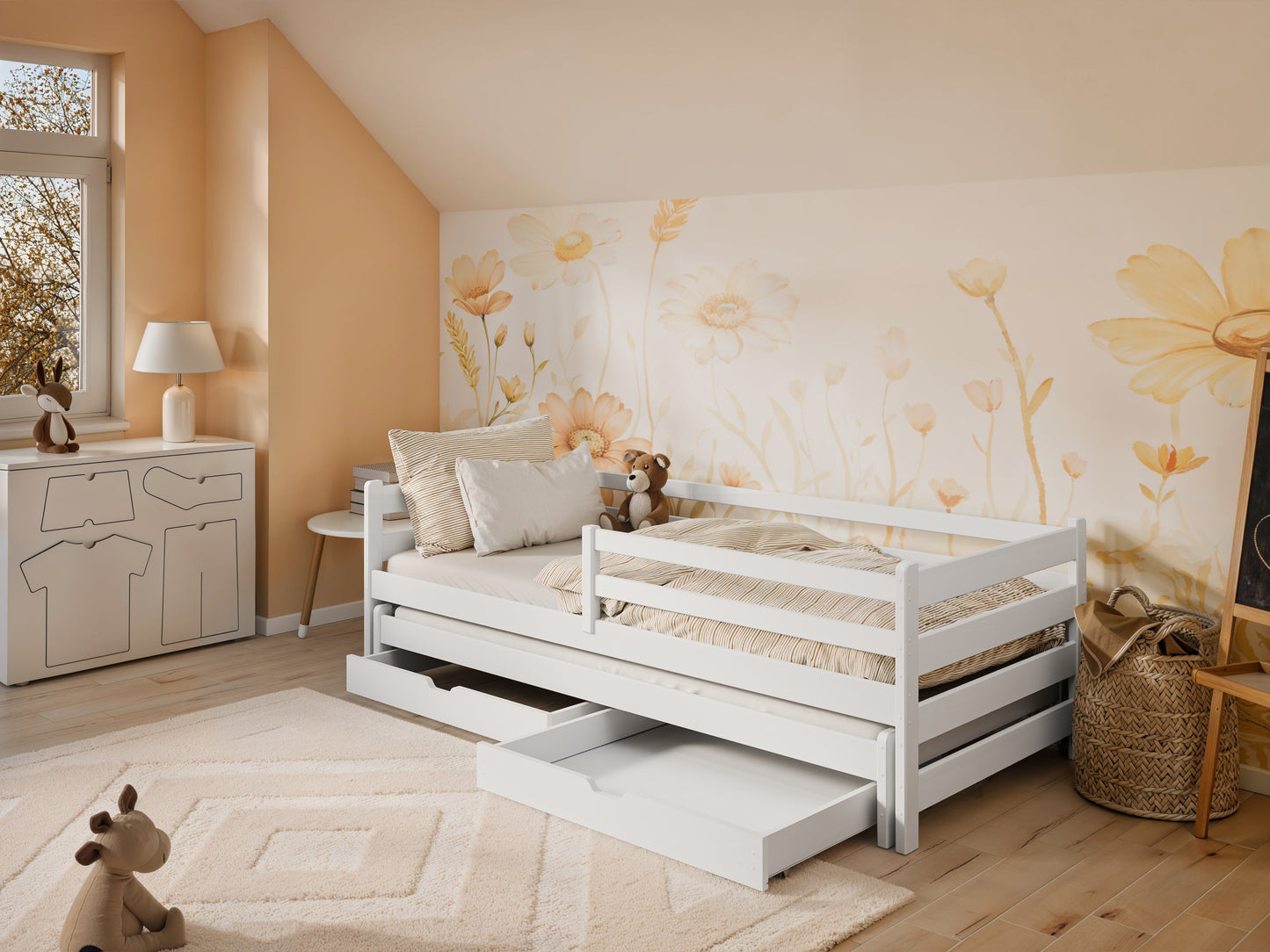 Kinderbett 90x200 mit zwei Schubladen, Rausfallschutz und Lattenrost, Vollholz massiv in weiss, Kinderbett Doppelbett Funktionsbett, optional Ausziehbett 90x190, optional Matratze