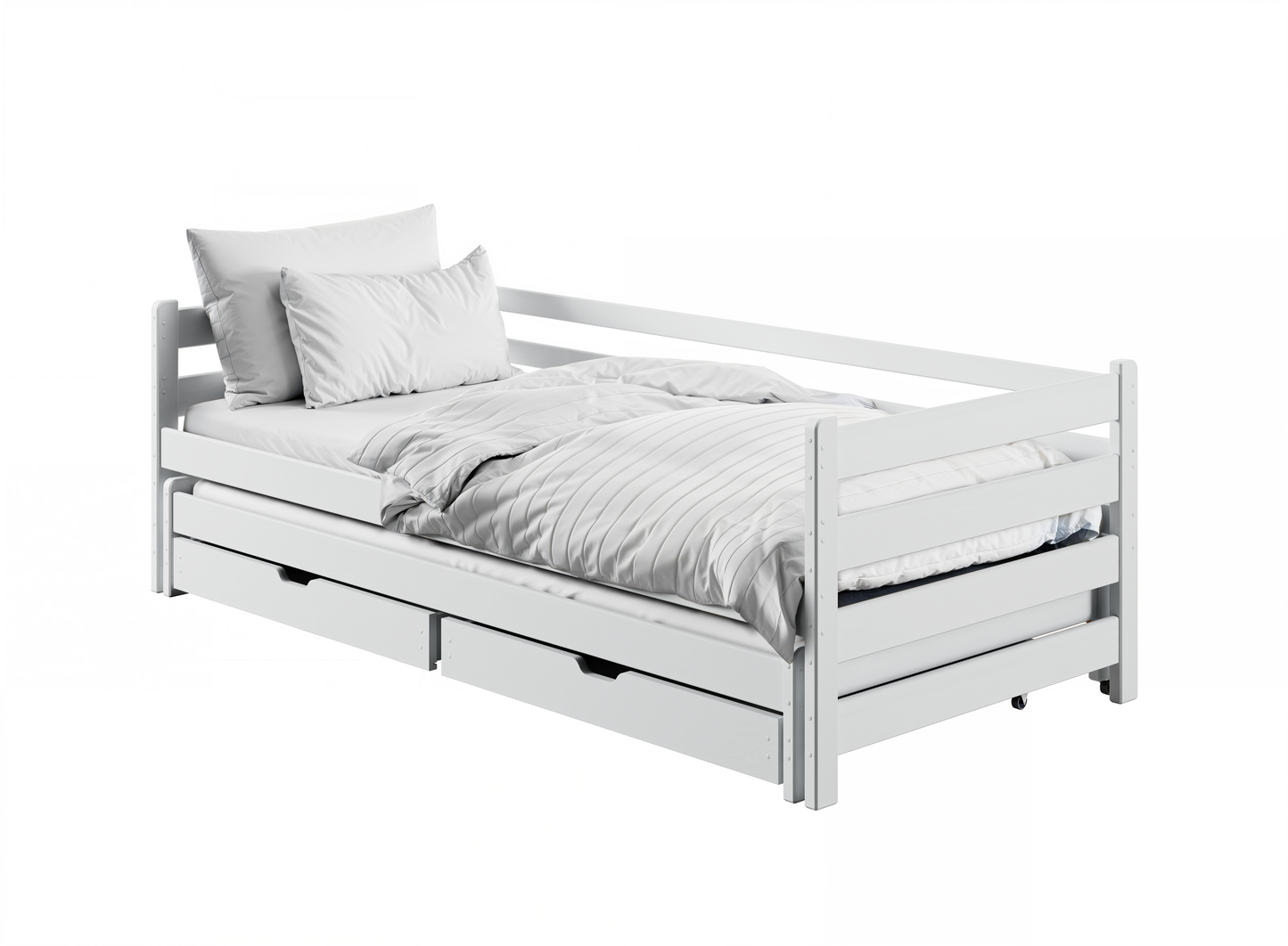 Kinderbett 90x200 mit zwei Schubladen, Rausfallschutz und Lattenrost, Vollholz massiv in weiss, Kinderbett Doppelbett Funktionsbett, optional Ausziehbett 90x190, optional Matratze